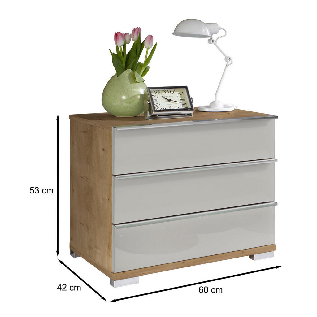 Thumbnail - Venda Nachtschrank, Weiß, Eiche Bianco, Metall, 3 Schubladen, 60x53x42 cm, Goldenes M, Made in Germany, Typenauswahl, So...