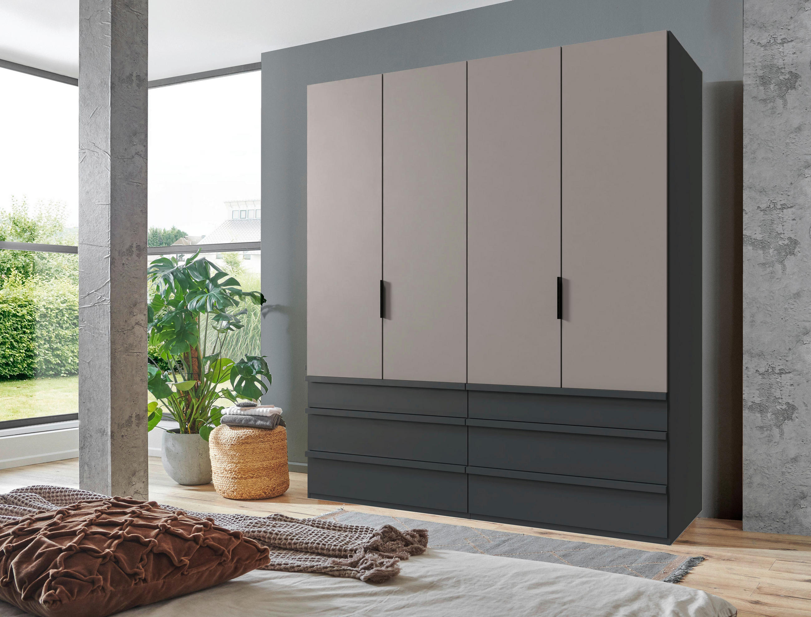FALTTÜRENSCHRANK 200/216/58 cm 4-türig Graphitfarben, Grau, Sahara  - Schwarz/Graphitfarben, Design, Holzwerkstoff (200/216/58cm) - Boxxx