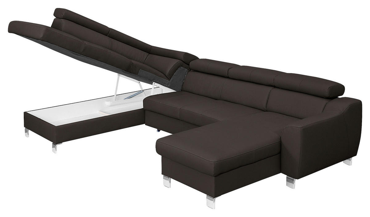 WOHNLANDSCHAFT in Lederlook Echtleder Dunkelbraun  - Chromfarben/Dunkelbraun, Design, Leder/Textil (208/315/175cm) - Livetastic