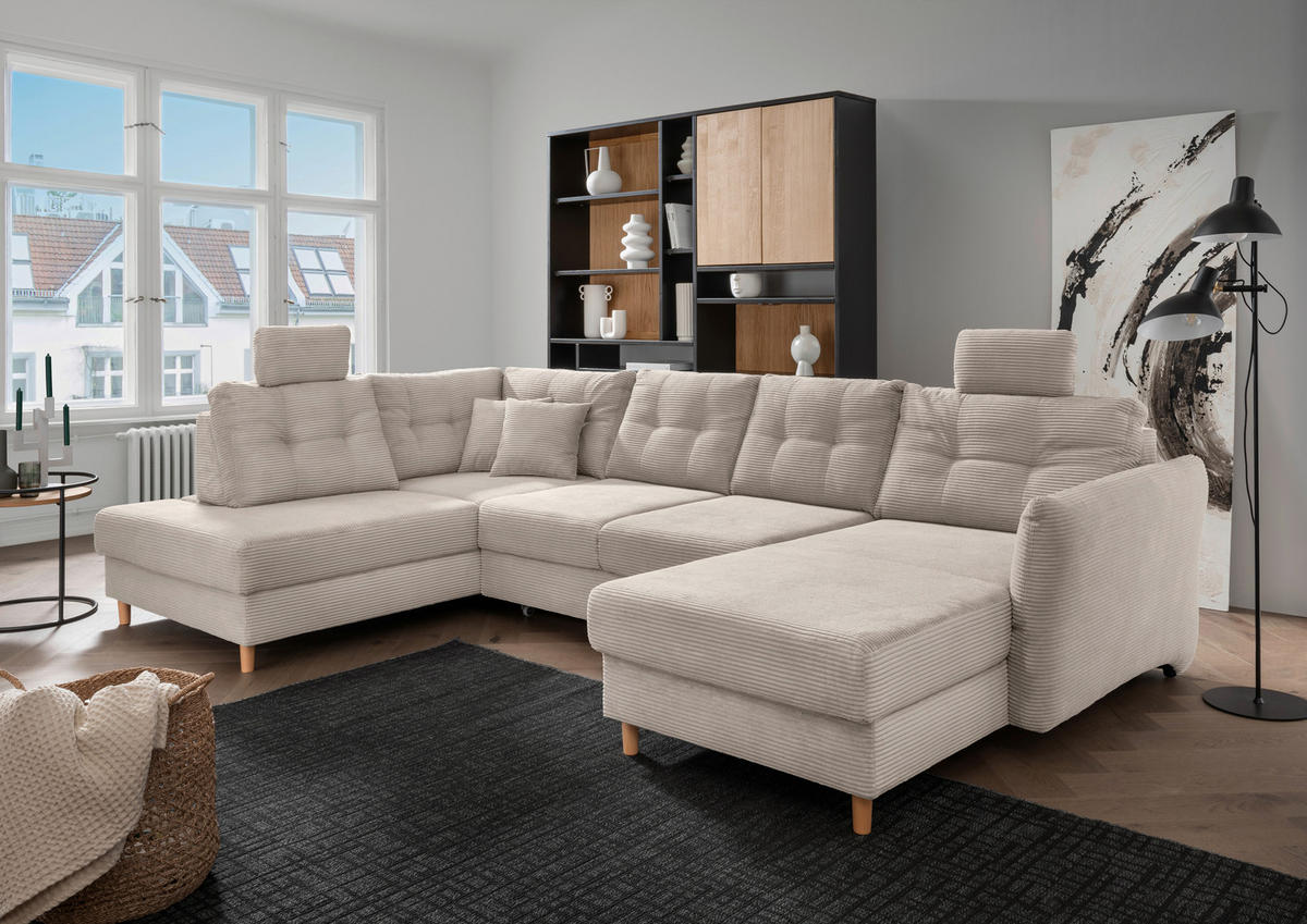 WOHNLANDSCHAFT in Cord Beige  - Beige/Naturfarben, Modern, Holz/Textil (176/338-352/206cm) - Livetastic