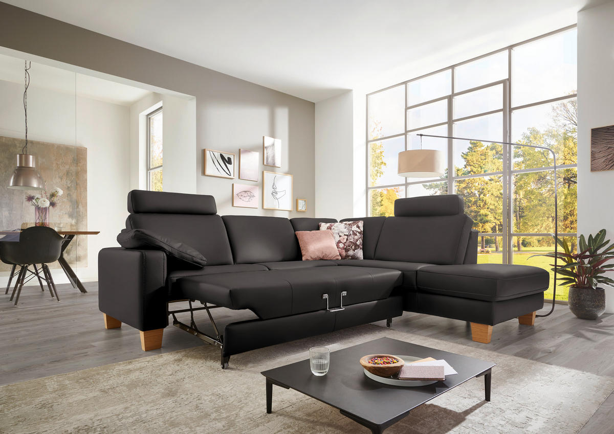 ECKSOFA in Echtleder Dunkelgrau  - Eiche Bianco/Dunkelgrau, Konventionell, Leder/Holz (257/235cm) - Valdera