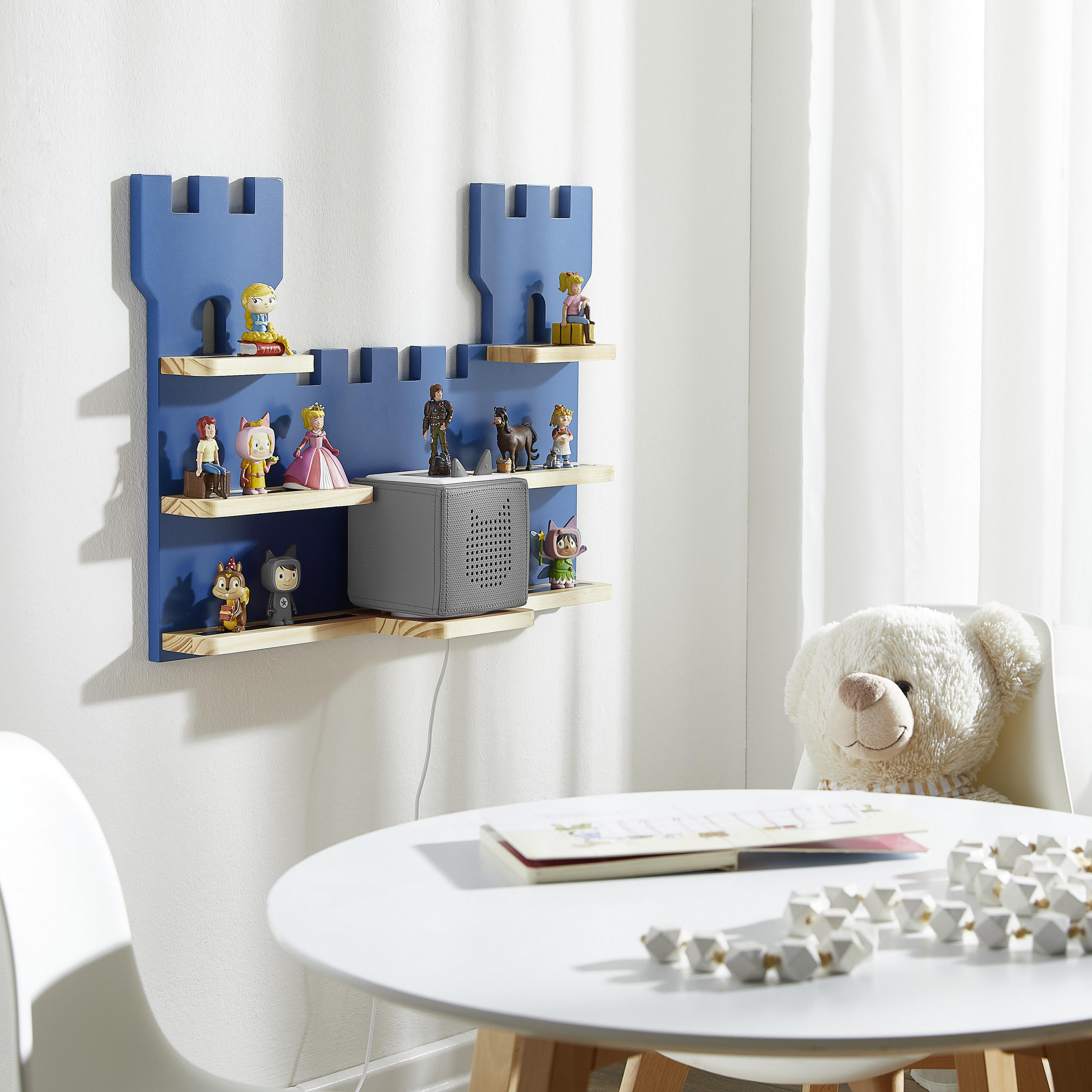 Regal für Toniebox und Figuren Kiefer massiv Blau, Naturfarben  - Blau/Naturfarben, Trend, Holz/Holzwerkstoff (56/43/15cm) - Ben'n'jen