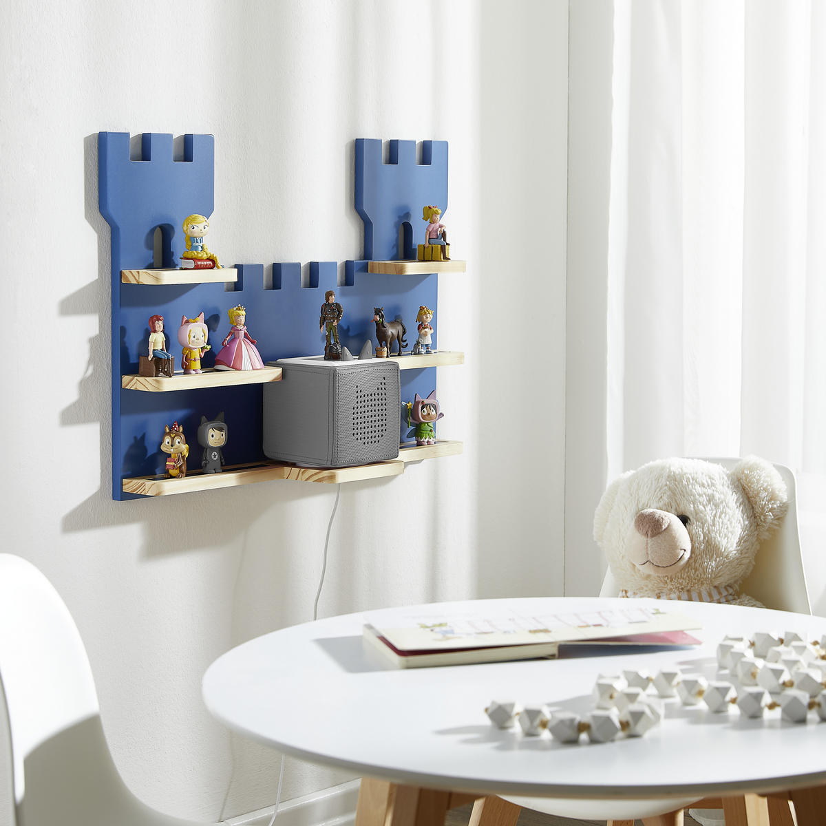 Regal für Toniebox und Figuren Kiefer massiv Blau, Naturfarben  - Blau/Naturfarben, Trend, Holz/Holzwerkstoff (56/43/15cm) - Ben'n'jen