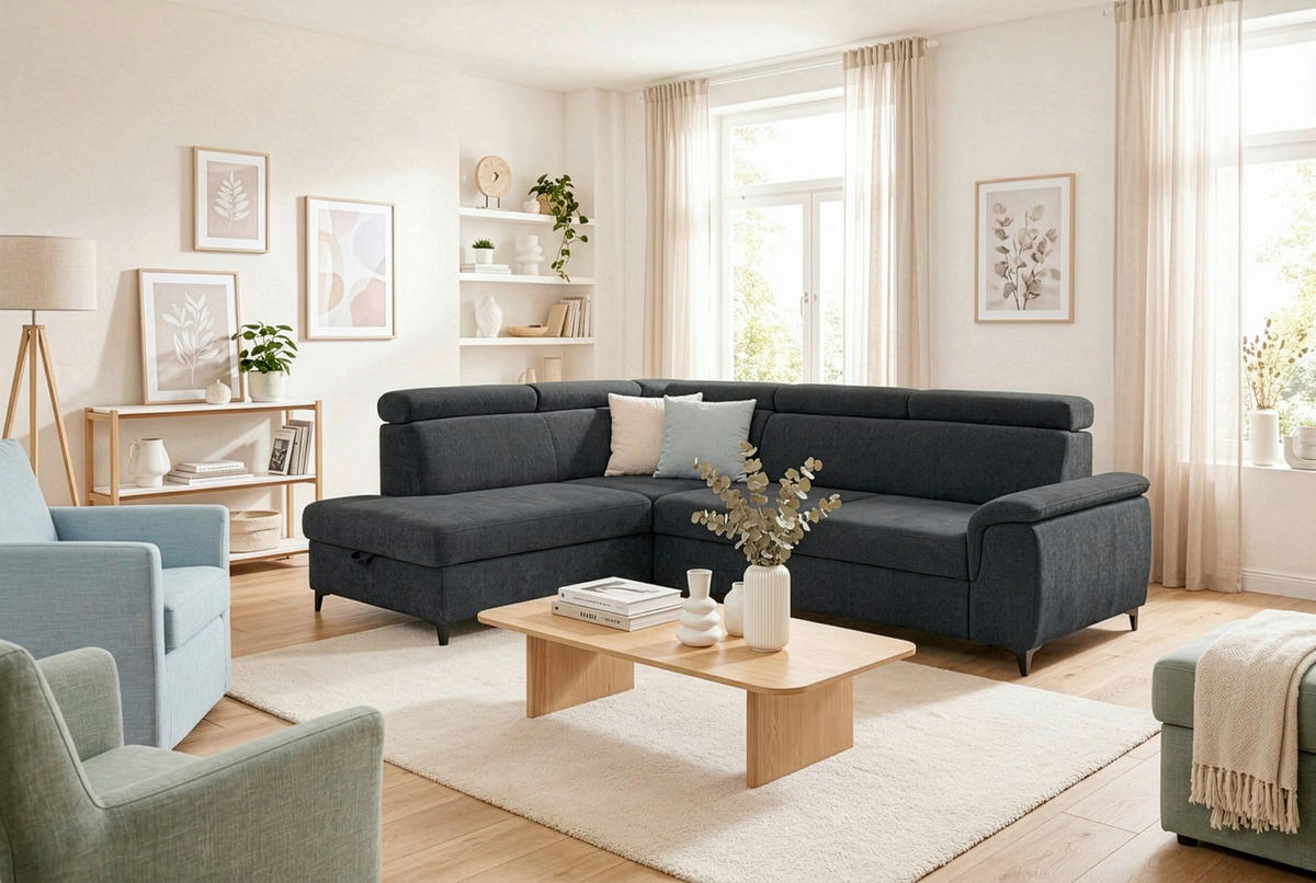 ECKSOFA Schwarz Chenille Bettkasten, Schlaffunktion, Rücken echt, Kopfteilverstellung, Liegefläche im Originalstoff  - Schwarz, KONVENTIONELL, Textil/Metall (206/265cm) - Carryhome