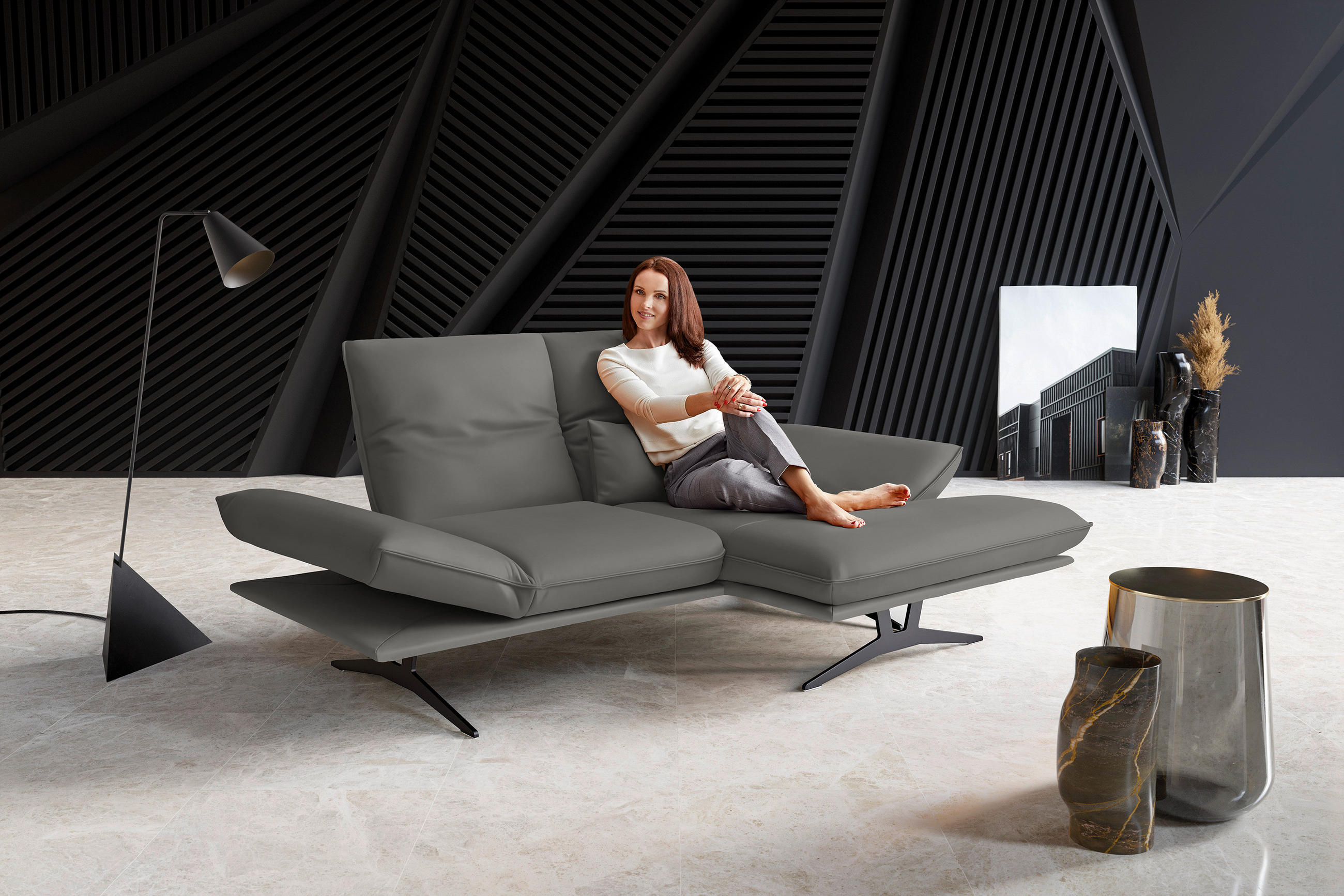 ECKSOFA in Echtleder Hellgrau  - Hellgrau/Schwarz, Design, Leder/Metall (210/130cm) - Dieter Knoll