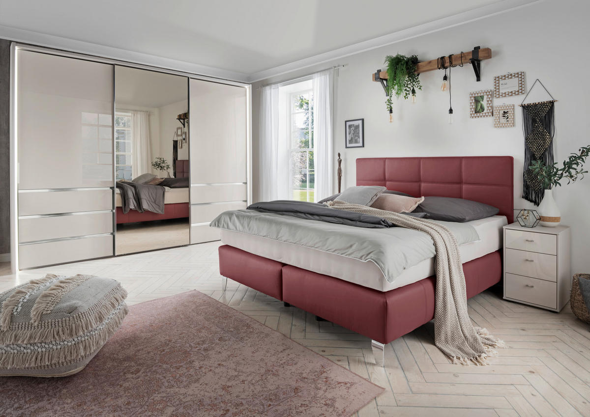 BOXSPRINGBETT 180/200 cm,  in Bordeaux, Matratze, gepolstertes Kopfteil, Topper, H3 + H4 = fest + sehr fest  - Chromfarben/Bordeaux, KONVENTIONELL, Leder/Textil (180/200cm) - Novel