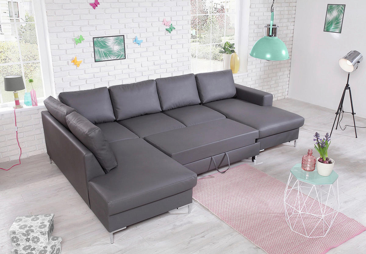 WOHNLANDSCHAFT in Lederlook Grau  - Silberfarben/Schwarz, Design, Leder/Metall (197/303/148cm) - MID.YOU
