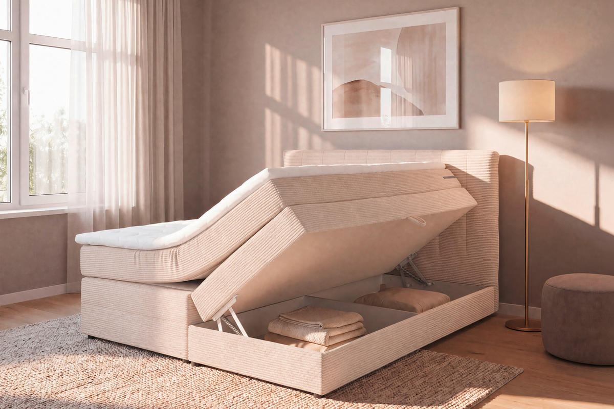 BOXSPRINGBETT 180/200 cm,  in Beige, gepolstertes Kopfteil, Bettkasten, Topper, Matratzen, H2 + H2 = mittel  - Beige/Schwarz, Basics, Kunststoff/Textil (180/200cm) - Boxxx