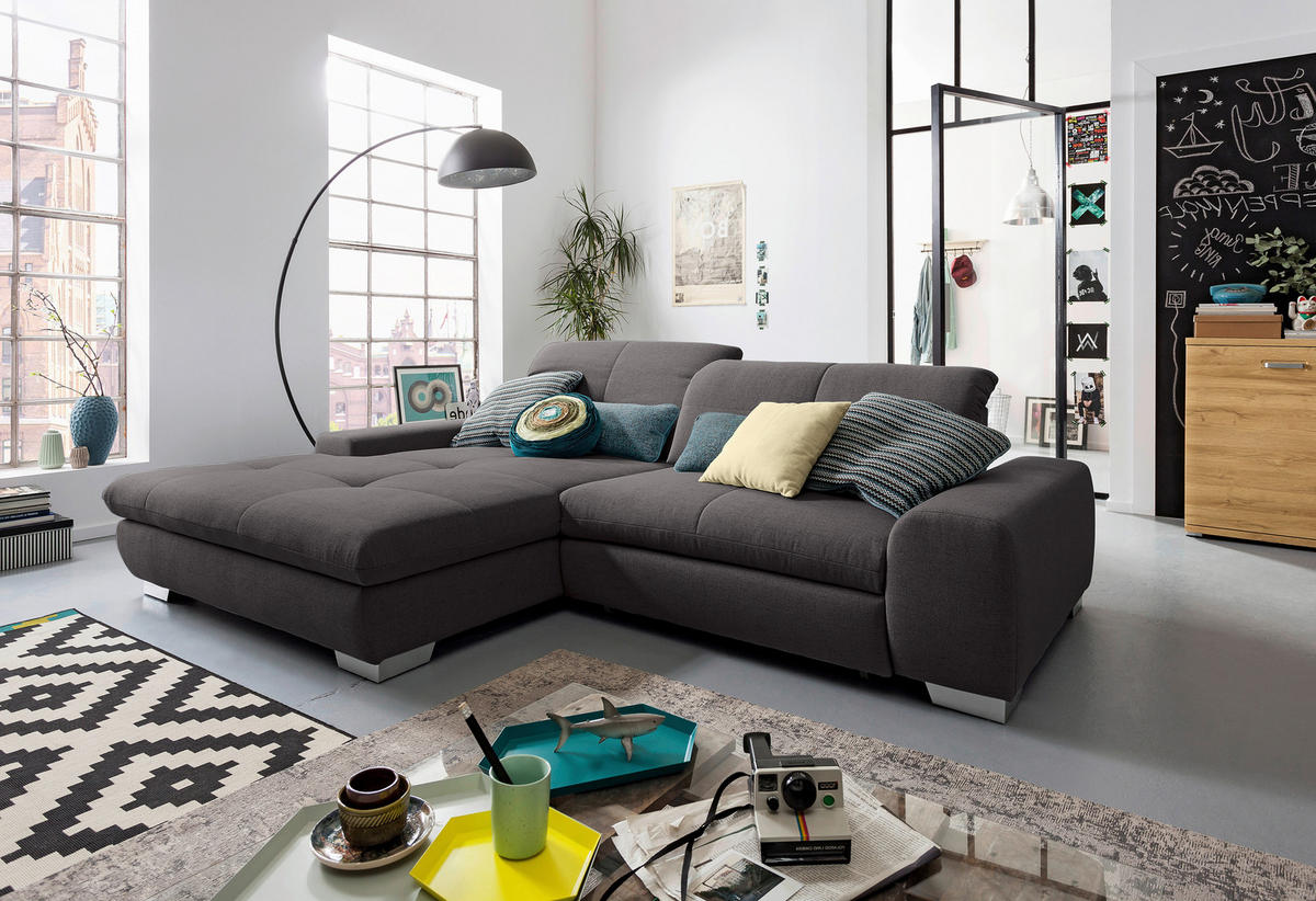 ECKSOFA Dunkelgrau Flachgewebe  - Chromfarben/Dunkelgrau, Design, Textil/Metall (198/276cm) - SetOne by Musterring