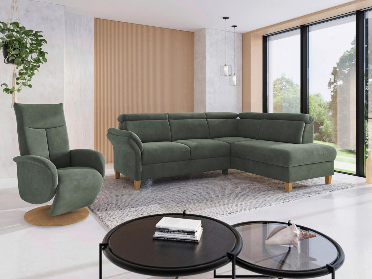 ECKSOFA GLENDALE E Dunkelgrün Flachgewebe  - Dunkelgrün/Eichefarben, KONVENTIONELL, Holz/Textil (247/193cm) - Sit & More