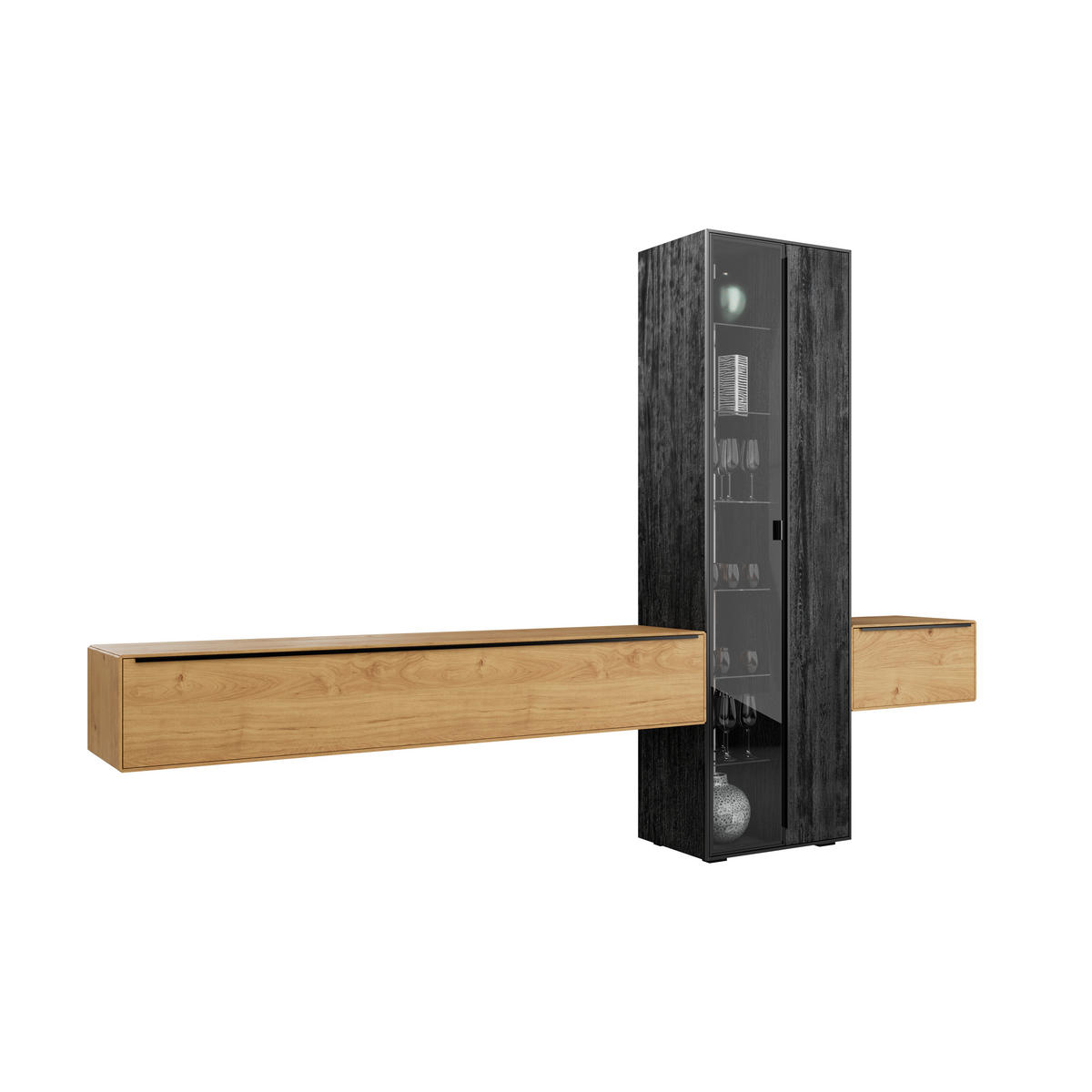 WOHNWAND  in Schwarz, Eichefarben 306/205,5/39,5 cm  - Eichefarben/Anthrazit, Natur, Glas/Holz (306/205,5/39,5cm) - Valnatura