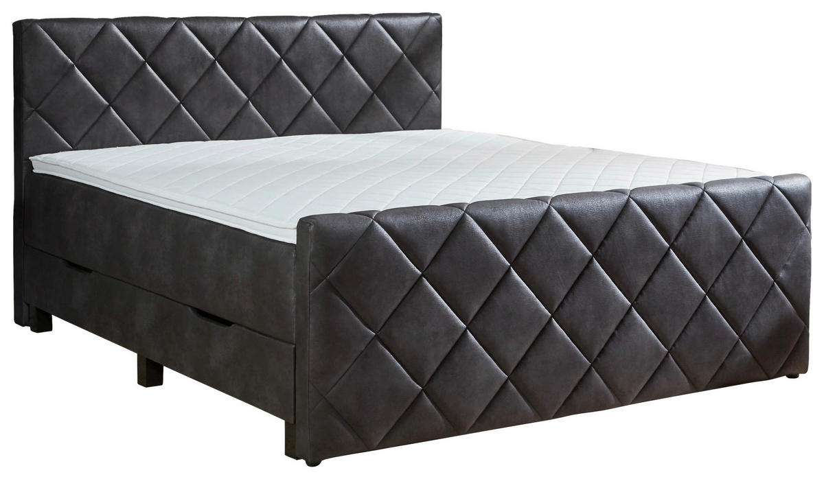 BOXSPRINGBETT 180/200 cm,  in Anthrazit, Matratze, gepolstertes Kopfteil, Bettkasten, Topper, H3 = fest  - Anthrazit/Schwarz, KONVENTIONELL, Kunststoff/Textil (180/200cm) - home24