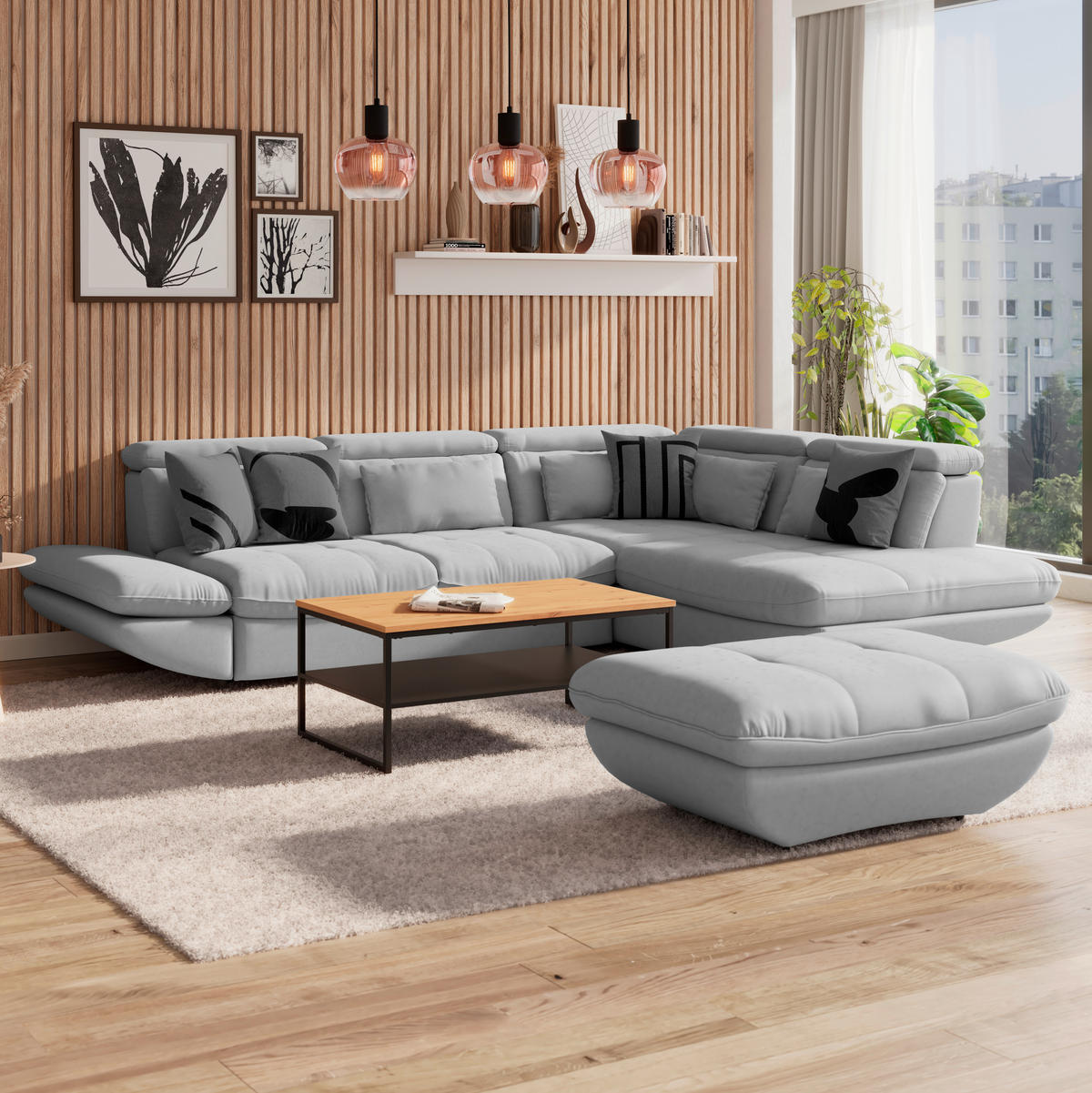 WOHNLANDSCHAFT Hellgrau Mikrofaser  - Hellgrau/Schwarz, MODERN, Kunststoff/Textil (311/233cm) - MID.YOU