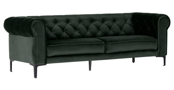 CHESTERFIELD-SOFA Dunkelgrün Samt  - Dunkelgrün/Schwarz, Trend, Textil/Metall (220/75/90cm) - Carryhome