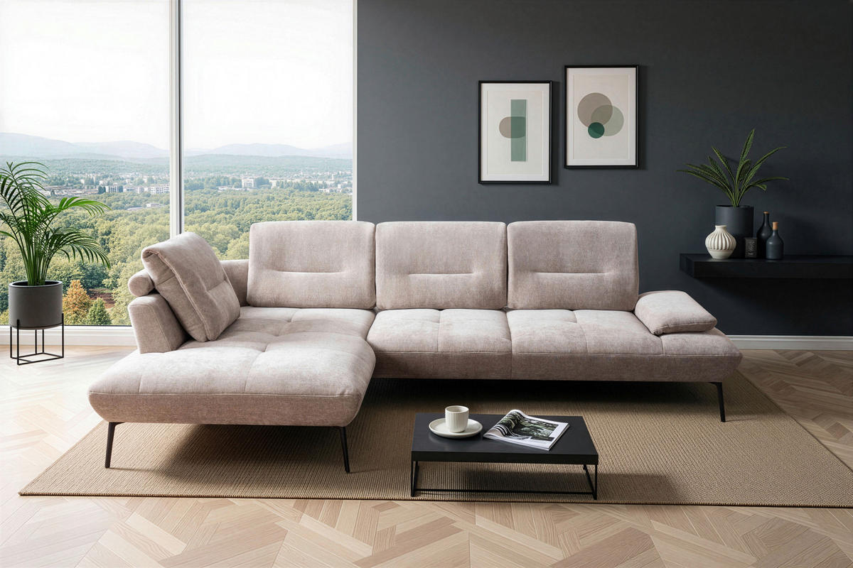 ECKSOFA Taupe Chenille Rücken echt, Sitztiefenverstellung  - Taupe/Schwarz, Design, Textil/Metall (190/320cm) - Moderano