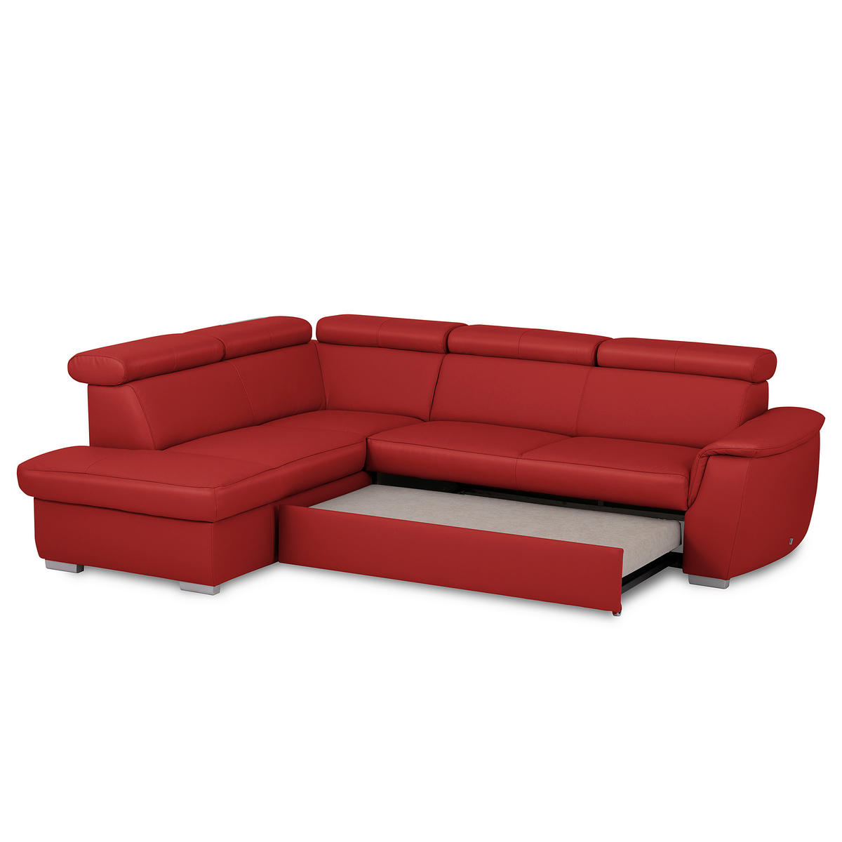 WOHNLANDSCHAFT Rot Kombination Echtleder/Lederlook Bettkasten, Schlaffunktion, Rücken echt, Armteilverstellung, Kopfteilverstellung  - Rot, Leder/Metall (211/262cm) - Celina Home