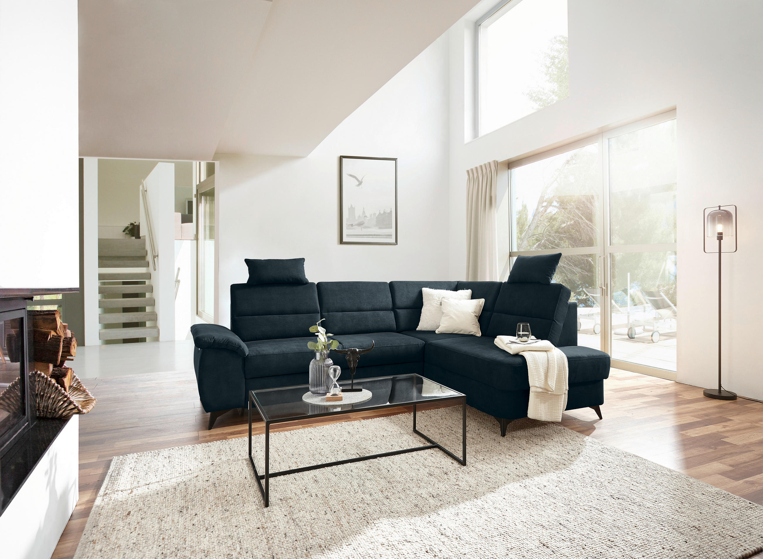Wohnlandschaft inkl.Funktionen Dunkelblau Lederlook - Schwarz/Dunkelblau, KONVENTIONELL, Textil/Metall (257/194cm) - Cantus