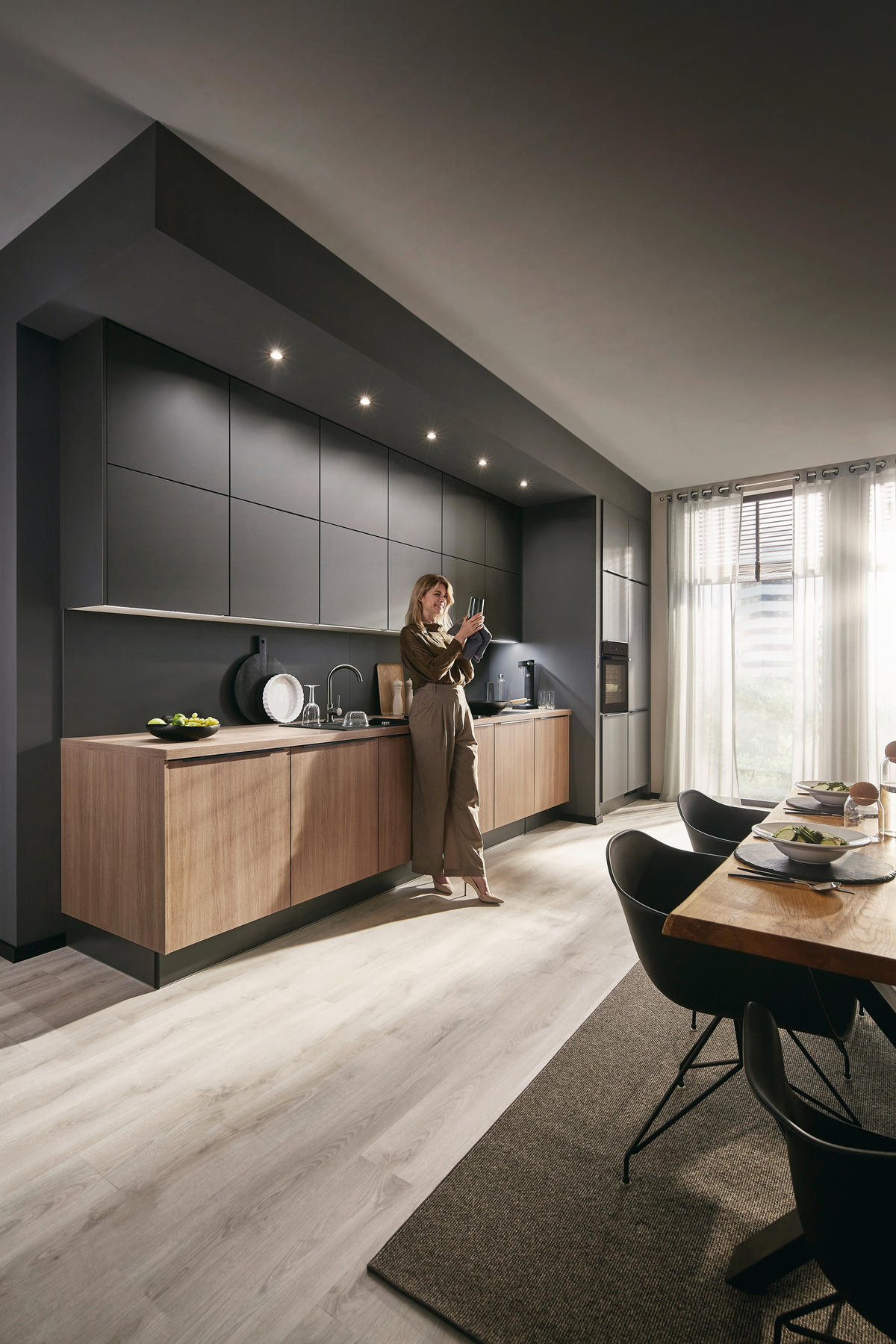 EINBAUKÜCHE   - Eichefarben/Graphitfarben, Design, Holzwerkstoff - Xora