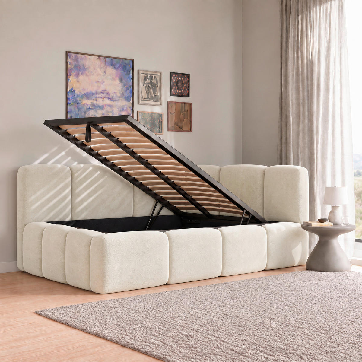 POLSTERBETT 140/200 cm,  in Beige, Lattenrost, Bettkasten,  - Beige/Schwarz, Design, Holz/Textil (140/200cm) - Chameo