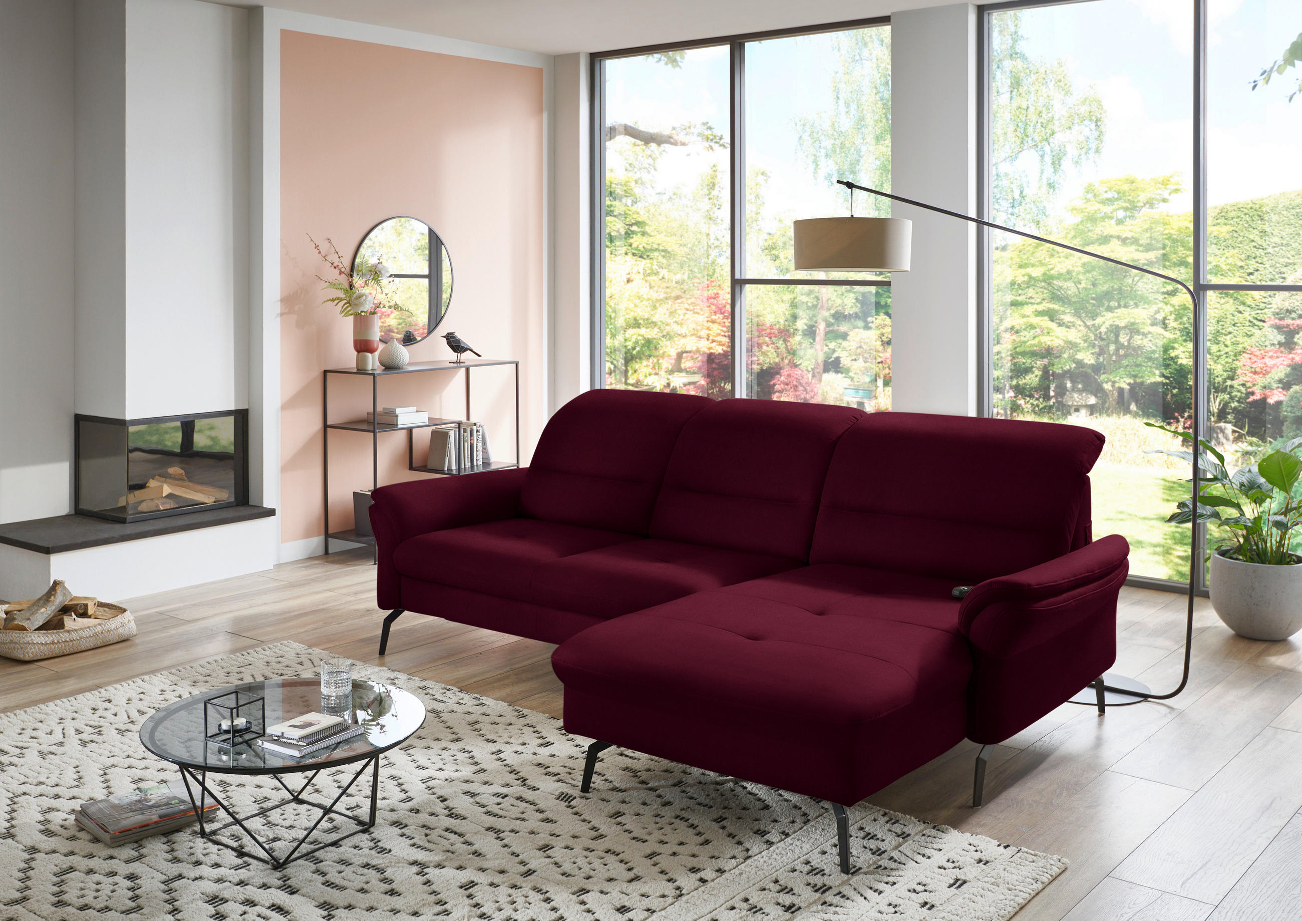 ECKSOFA in Flachgewebe Bordeaux  - Bordeaux/Schwarz, Konventionell, Textil/Metall (260/181cm) - Beldomo Speed