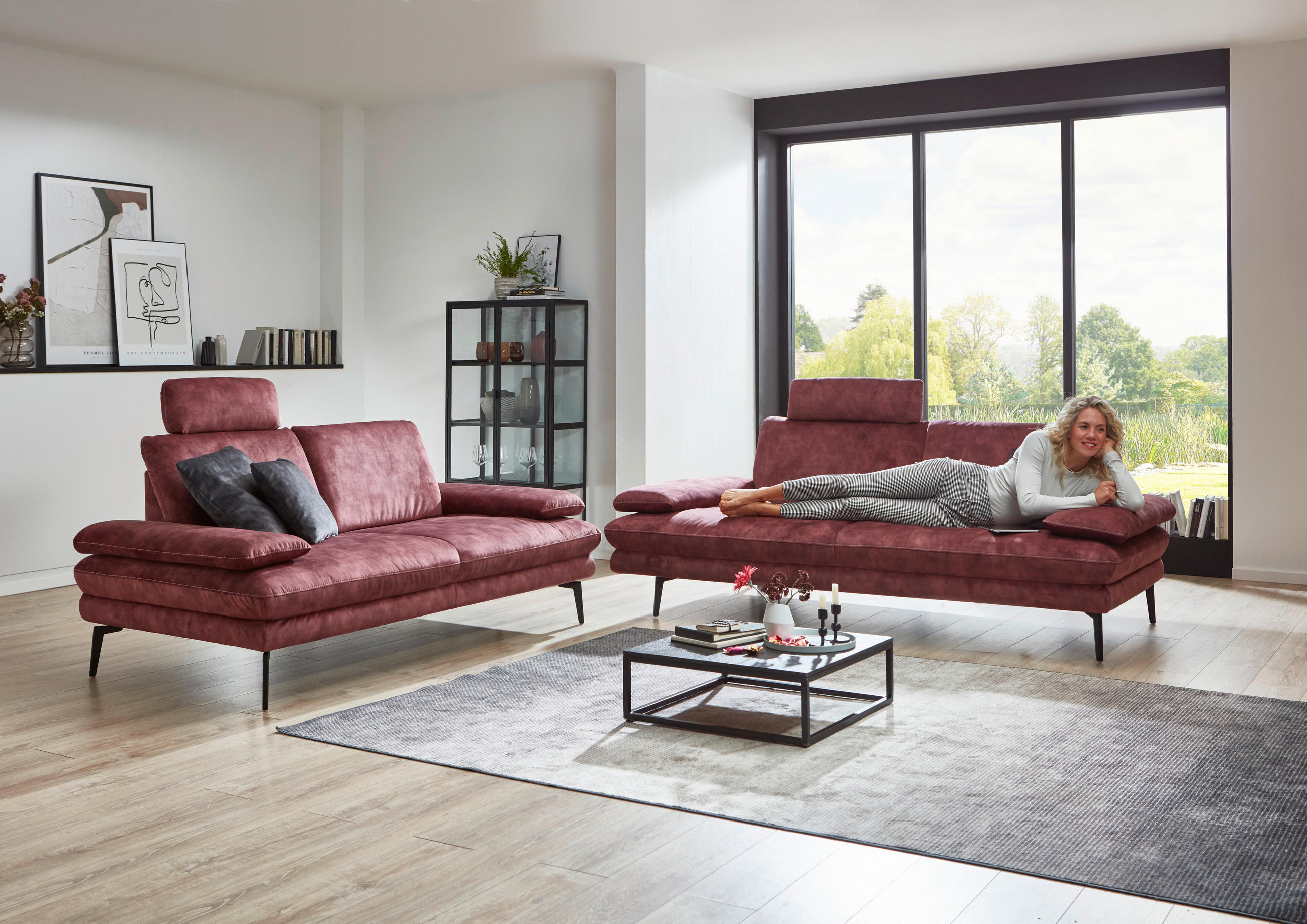 3-SITZER-SOFA in Velours Dunkelrot  - Beige/Schwarz, Design, Textil/Metall (222/89/104cm) - Dieter Knoll