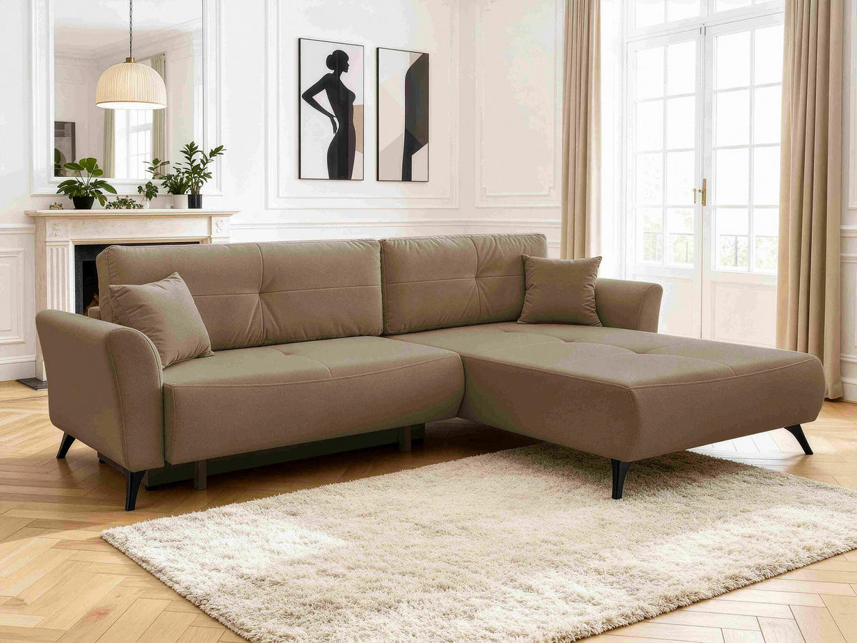 ECKSOFA GEMMA Hellbraun Flachgewebe Zierkissen, Rückenkissen, Bettkasten, Schlaffunktion, Rücken echt, Stauraum  - Hellbraun/Schwarz, Design, Textil/Metall (270cm) - P & B