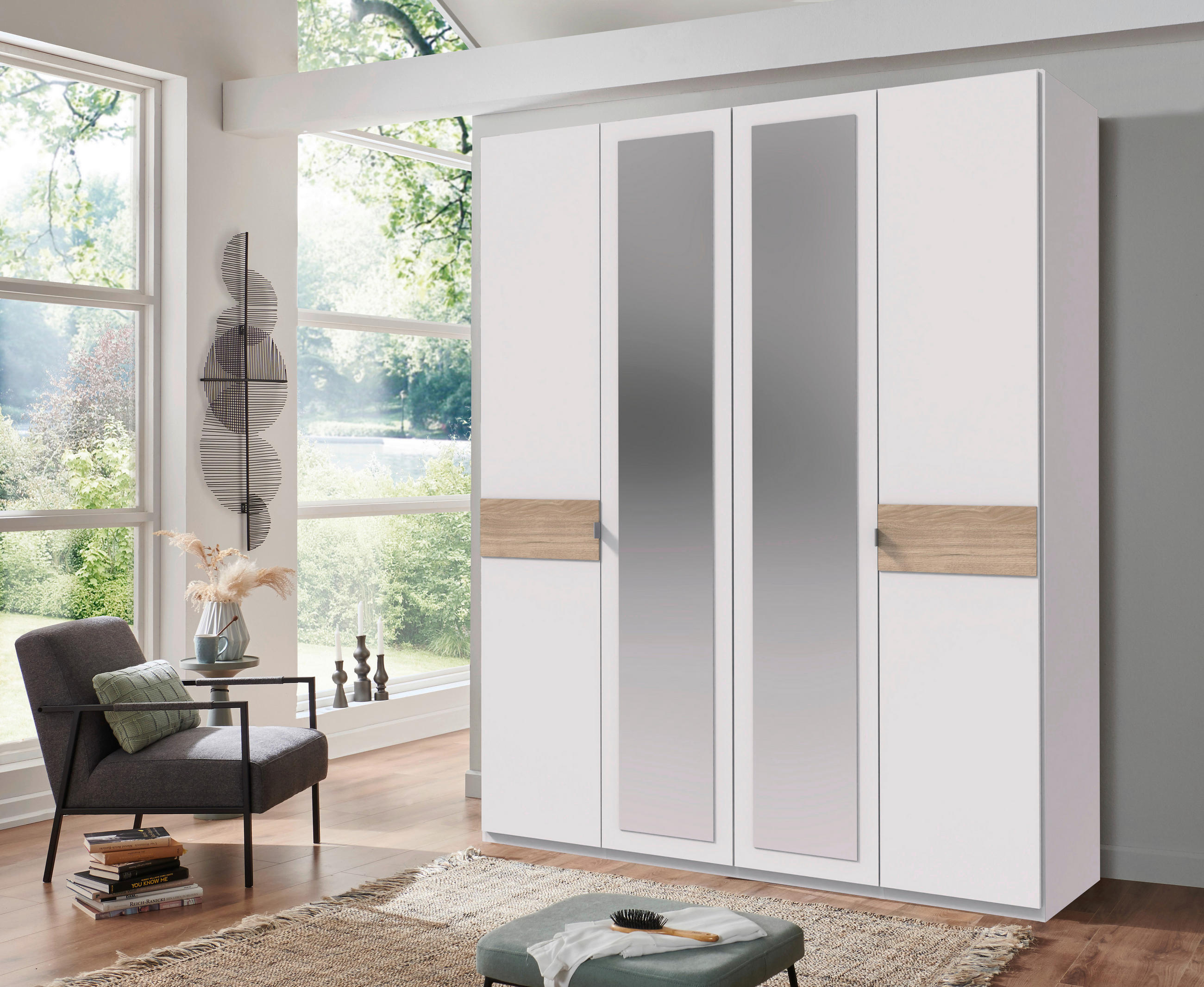DREHTÜRENSCHRANK in Weiss, Eichefarben, Hickory  - Weiss/Eichefarben, Konventionell, Glas/Holzwerkstoff (180/208/58cm) - Carryhome