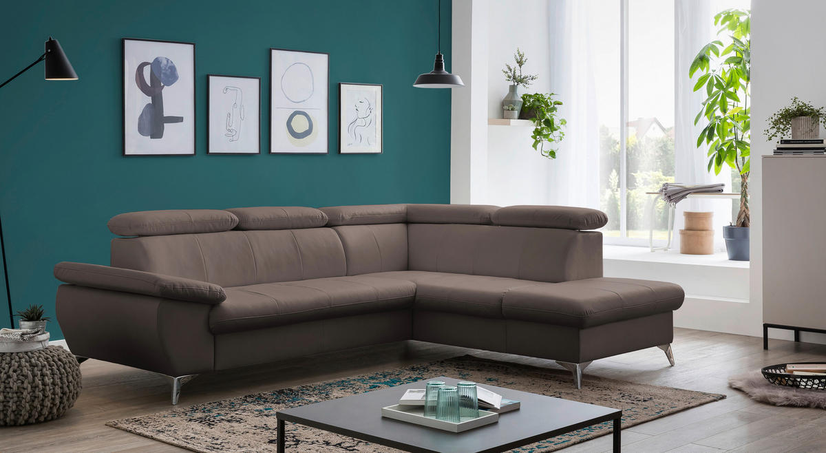 ECKSOFA Braun Lederlook  - Chromfarben/Braun, KONVENTIONELL, Textil/Metall (256/209cm) - Livetastic