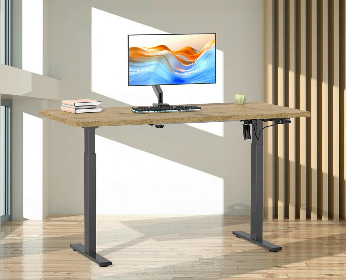 SCHREIBTISCH  in Schwarz, Honigeiche  - Honigeiche/Silberfarben, Design, Holzwerkstoff/Metall (140/71/80cm) - MID.YOU
