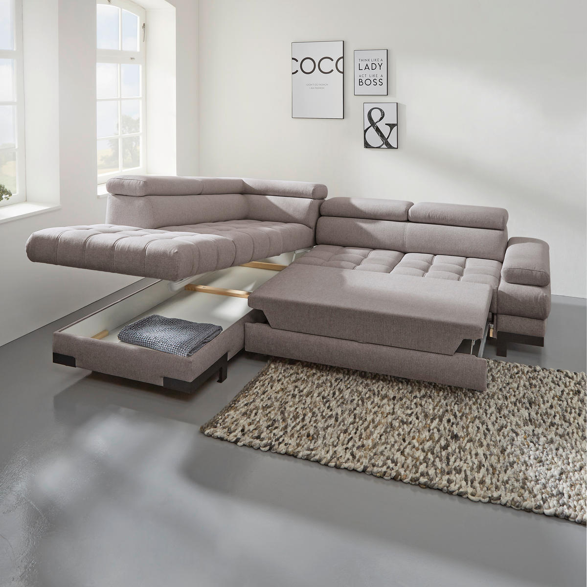 ECKSOFA in Webstoff Hellgrau  - Hellgrau/Schwarz, Design, Textil/Metall (223/263cm) - Welnova