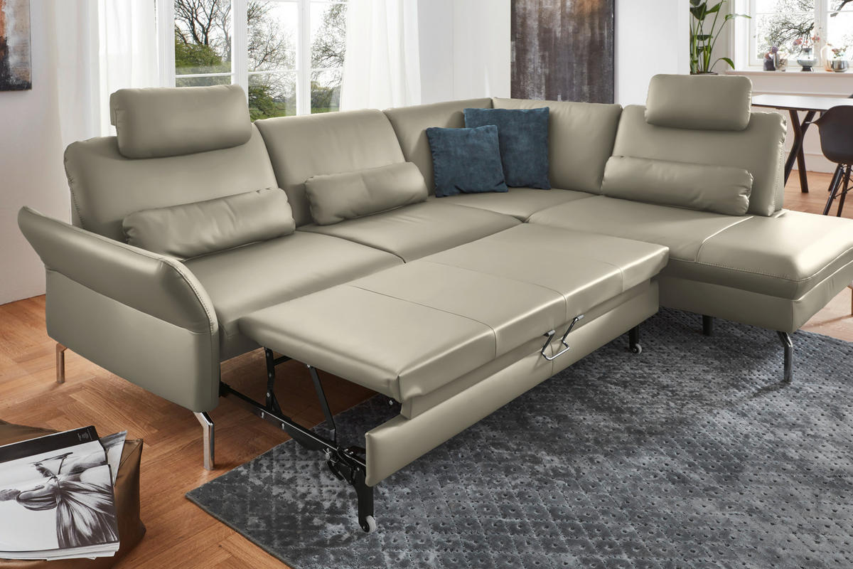 ECKSOFA in Echtleder Ecru  - Ecru/Alufarben, Konventionell, Leder/Metall (284/220cm) - Beldomo Premium
