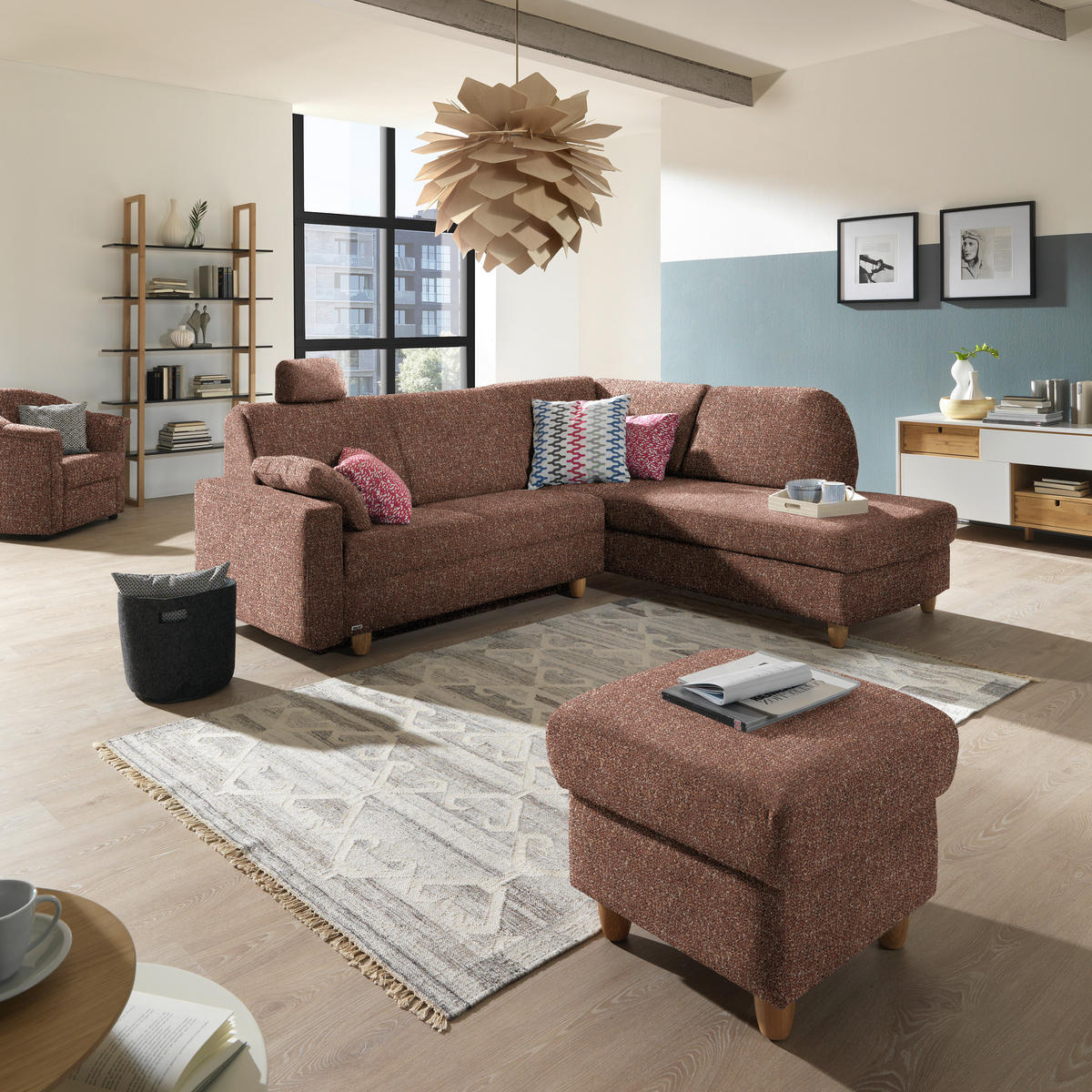 ECKSOFA  in Mikrovelours Terracotta  227/208 cm  - Eichefarben/Rot, KONVENTIONELL, Holz/Textil (227/208cm) - Sedda