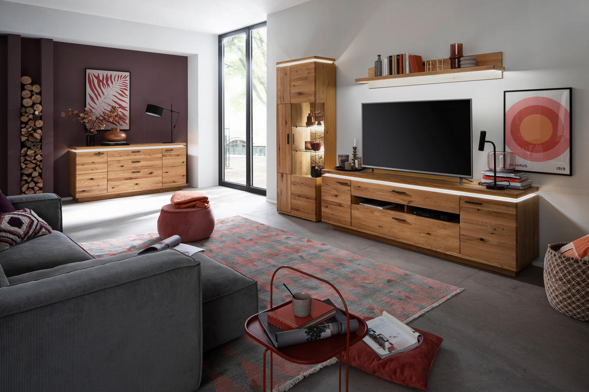 WOHNWAND 3-teilig  Eichefarben 300/204/50 cm  LED-Leuchtmittel   - Eichefarben/Schwarz, Natur, Glas/Holz (300/204/50cm) - Linea Natura