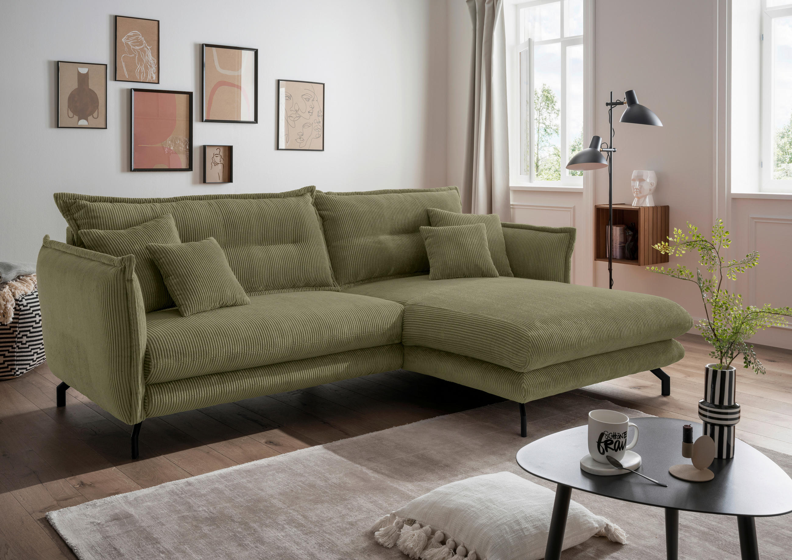 ECKSOFA Olivgrün Cord  - Schwarz/Olivgrün, MODERN, Textil/Metall (255/180cm) - Livetastic