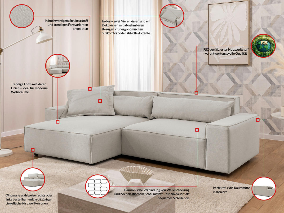 ECKSOFA Webstoff Beige  - Beige/Schwarz, Design, Kunststoff/Textil (251/142cm) - P & B