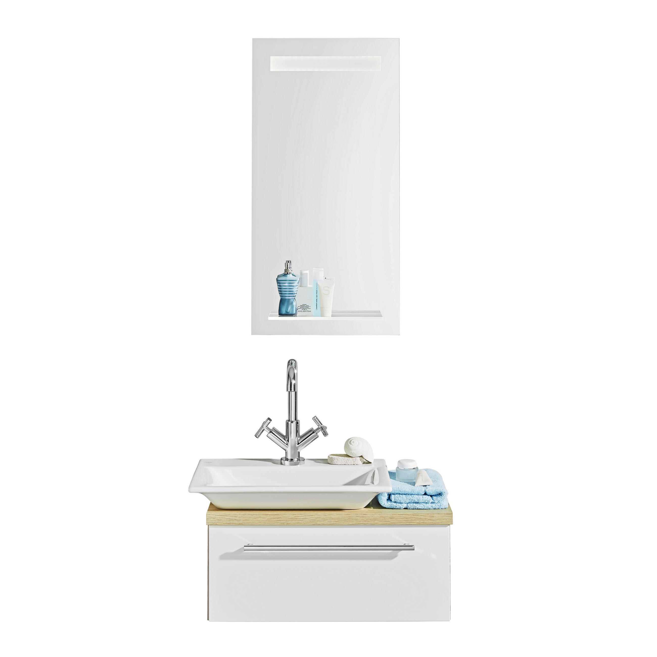 Thumbnail - Novel Gästebad, Weiß, Eiche, Glas, Stein, Holzwerkstoff, 1 Schublade(n) Schubladen, 60 cm, Goldenes M, Made in Germany, ...