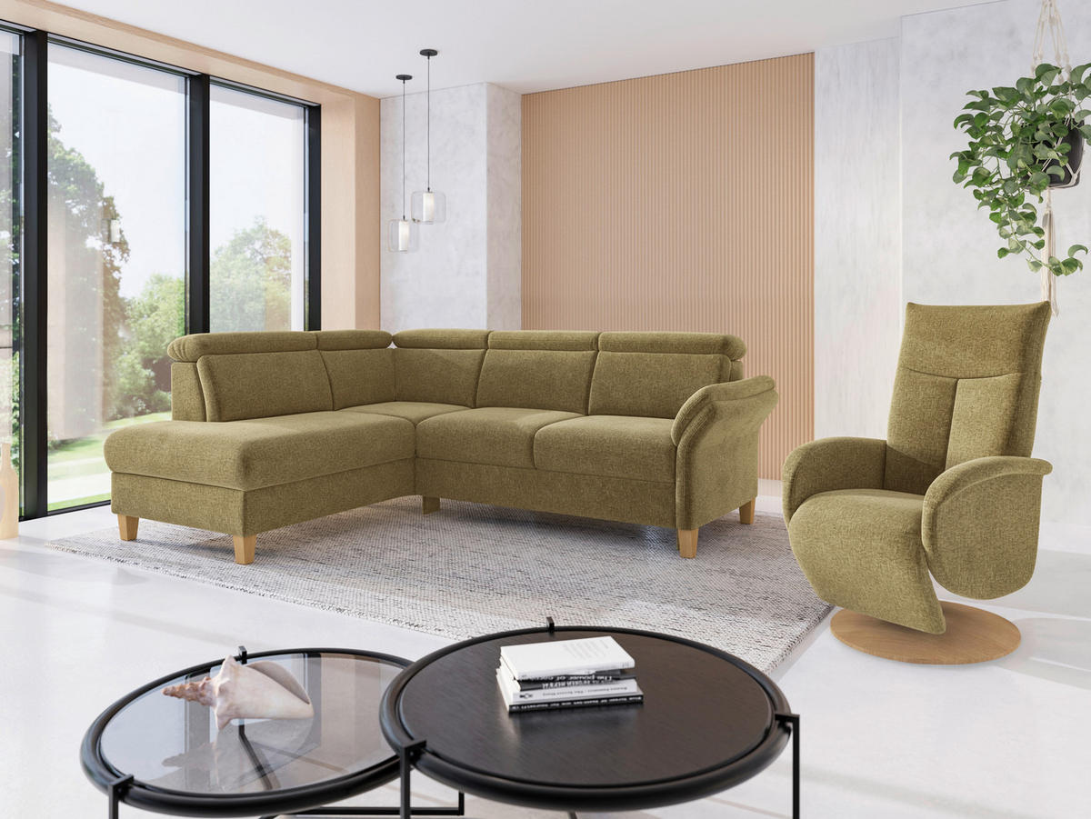 ECKSOFA GLENDALE E in Flachgewebe Olivgrün  193/247 cm  - Eichefarben/Olivgrün, KONVENTIONELL, Holz/Textil (193/247cm) - Sit & More