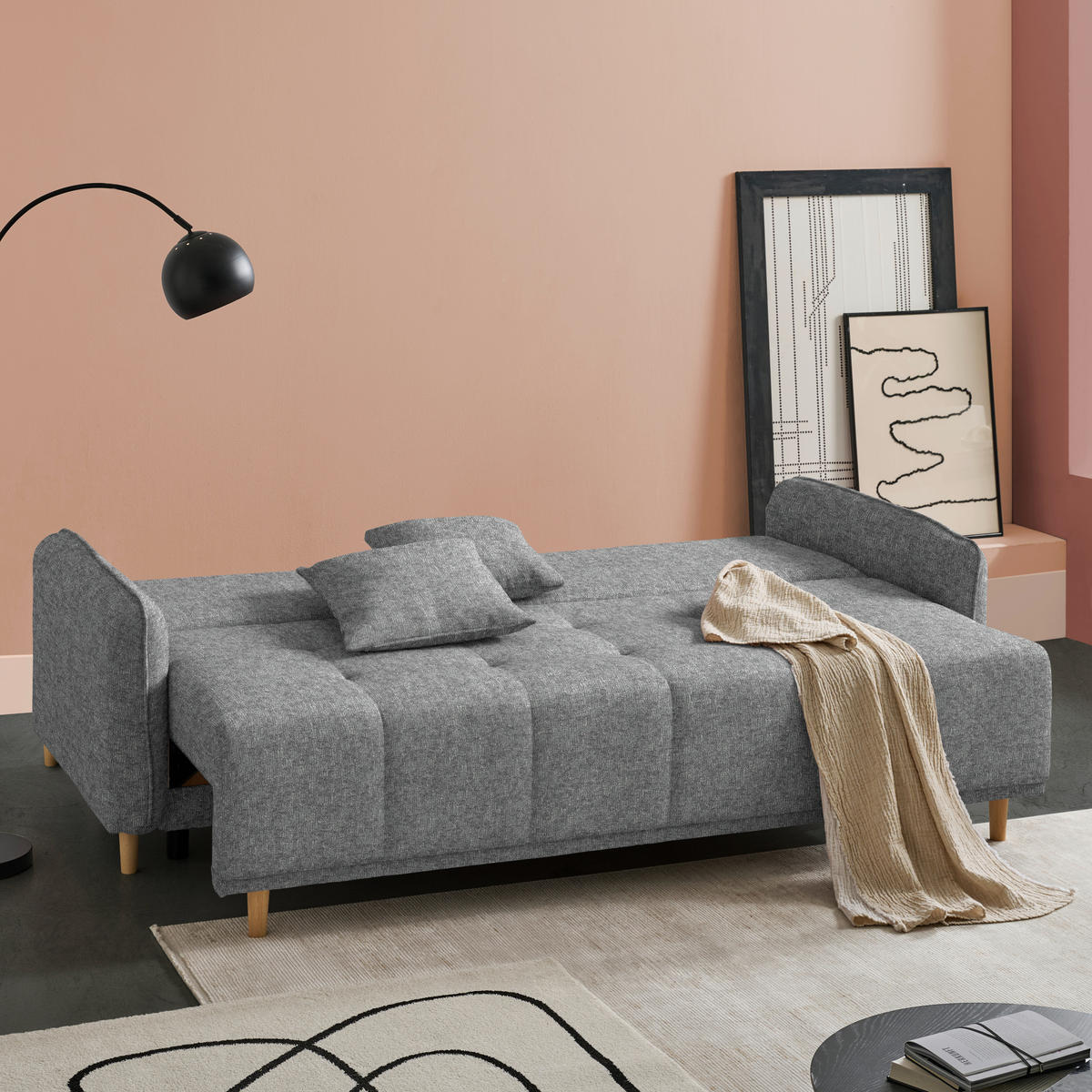 SCHLAFSOFA Chenille Grau  - Buchefarben/Grau, Design, Holz/Textil (217/97/101cm) - Carryhome