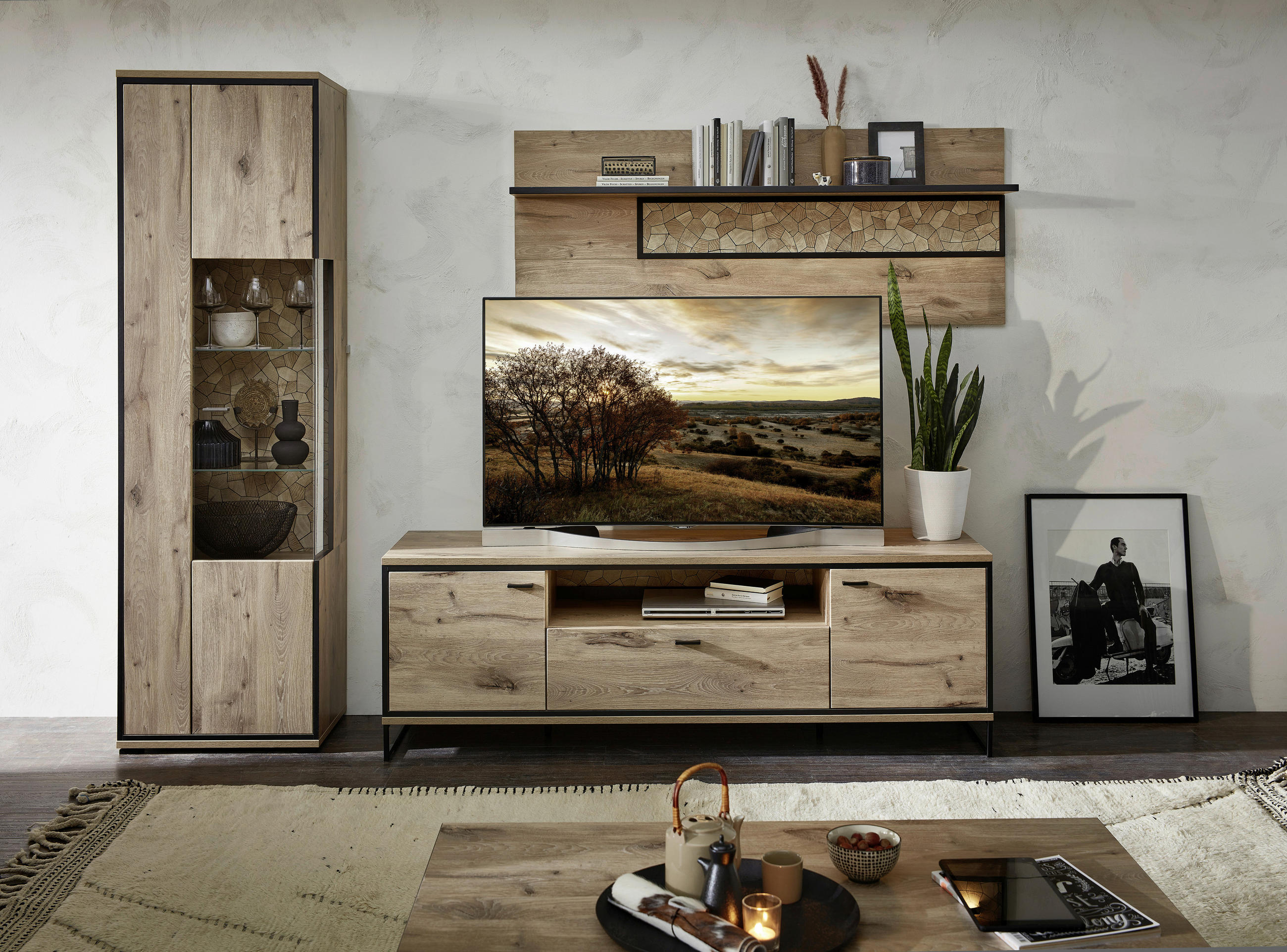 WOHNWAND  in Schwarz, Eichefarben 270/205/49 cm  - Eichefarben/Schwarz, Konventionell, Glas/Holzwerkstoff (270/205/49cm) - Livetastic