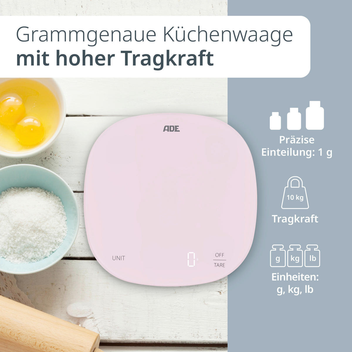 ELEKTRISCHE KÜCHENWAAGE - Hellrosa, Basics, Kunststoff (18/18/1,9cm) - ADE