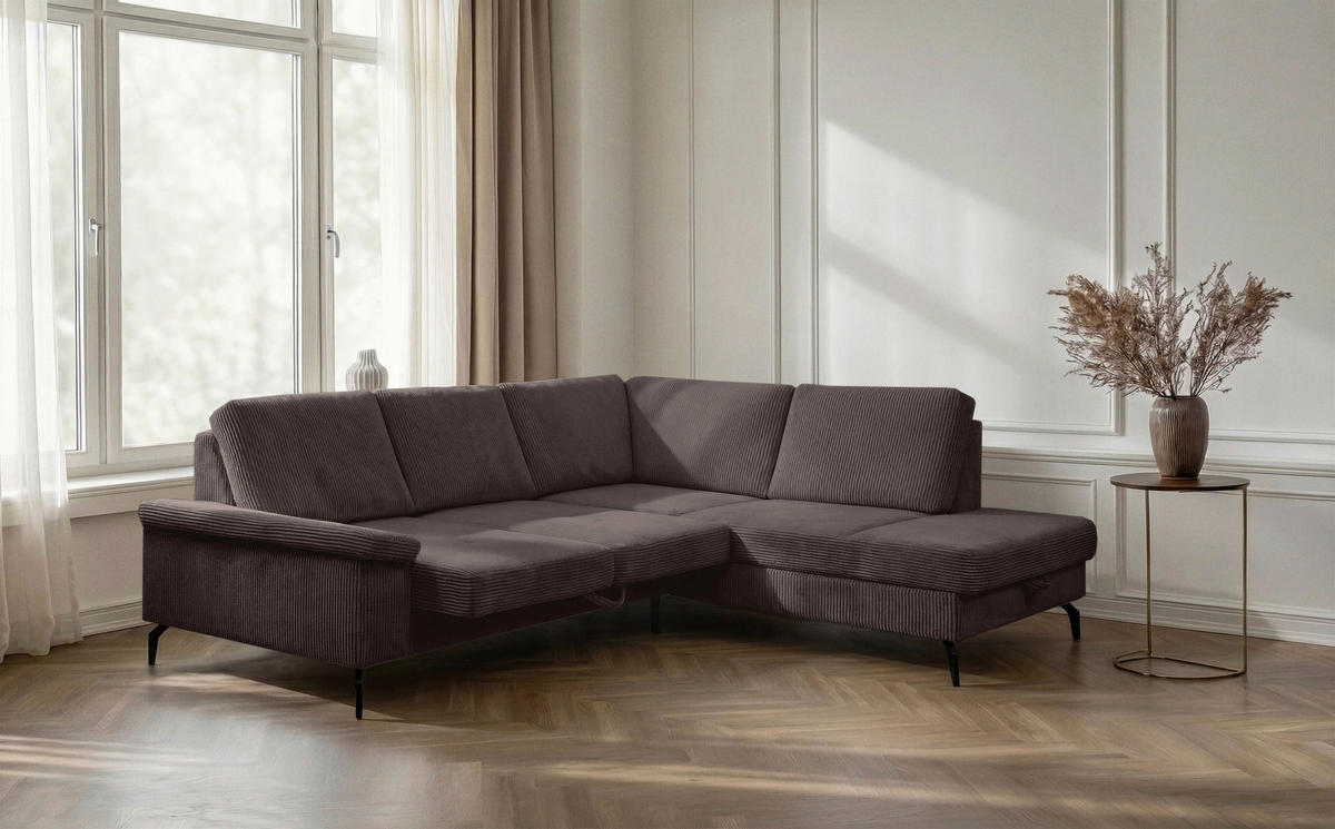 ECKSOFA Dunkelbraun Velours Bettkasten, Sitzvorzug  - Dunkelbraun/Schwarz, KONVENTIONELL, Textil/Metall (253/206cm) - Venda