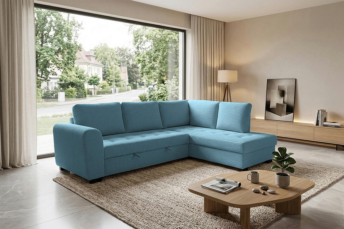 ECKSOFA JOHN Hellblau Cord Rückenkissen, Bettkasten, Liegefläche im Originalstoff  - Schwarz/Hellblau, Trend, Kunststoff/Textil (239/178cm) - P & B