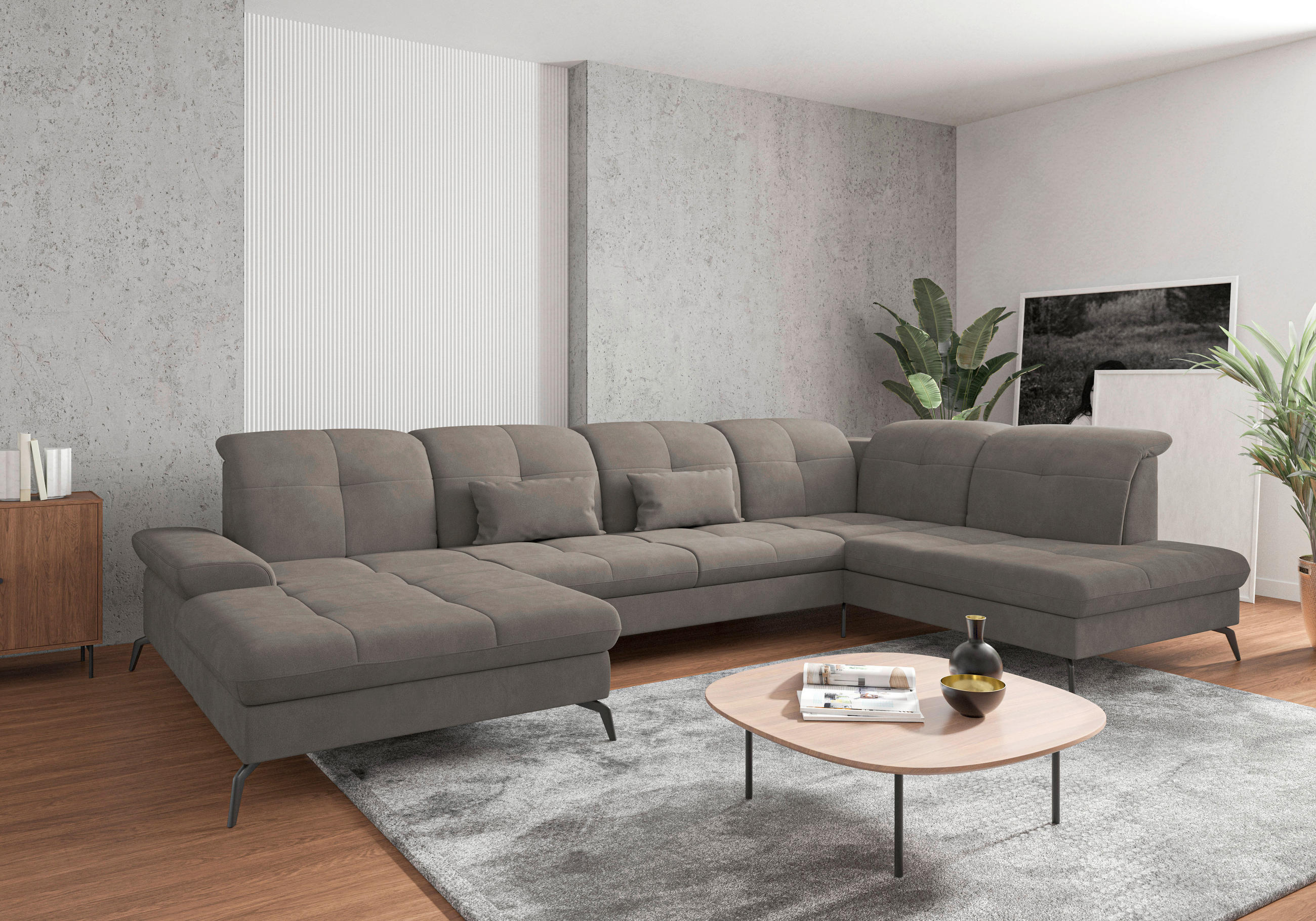 WOHNLANDSCHAFT in Flachgewebe Schlammfarben  - Schlammfarben/Schwarz, KONVENTIONELL, Textil/Metall (185/357/231cm) - Sit & More