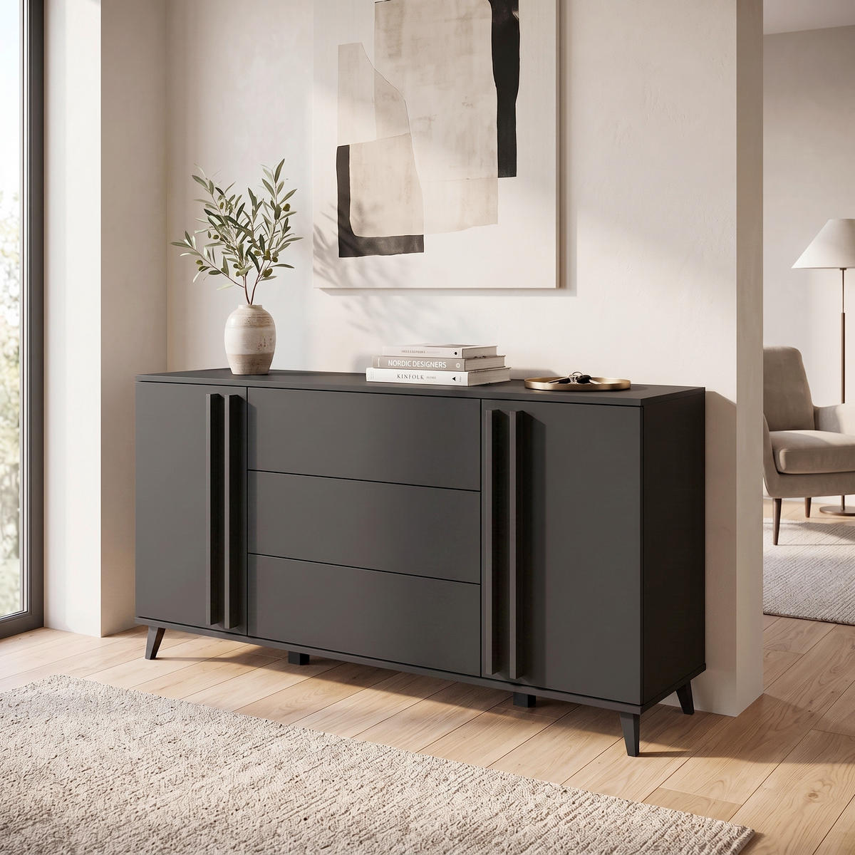 SIDEBOARD Helsinki 150/77,8/39,5 cm 3 Schublade(n)  - Schwarz, Trend, Holzwerkstoff/Kunststoff (150/77,8/39,5cm) - P & B