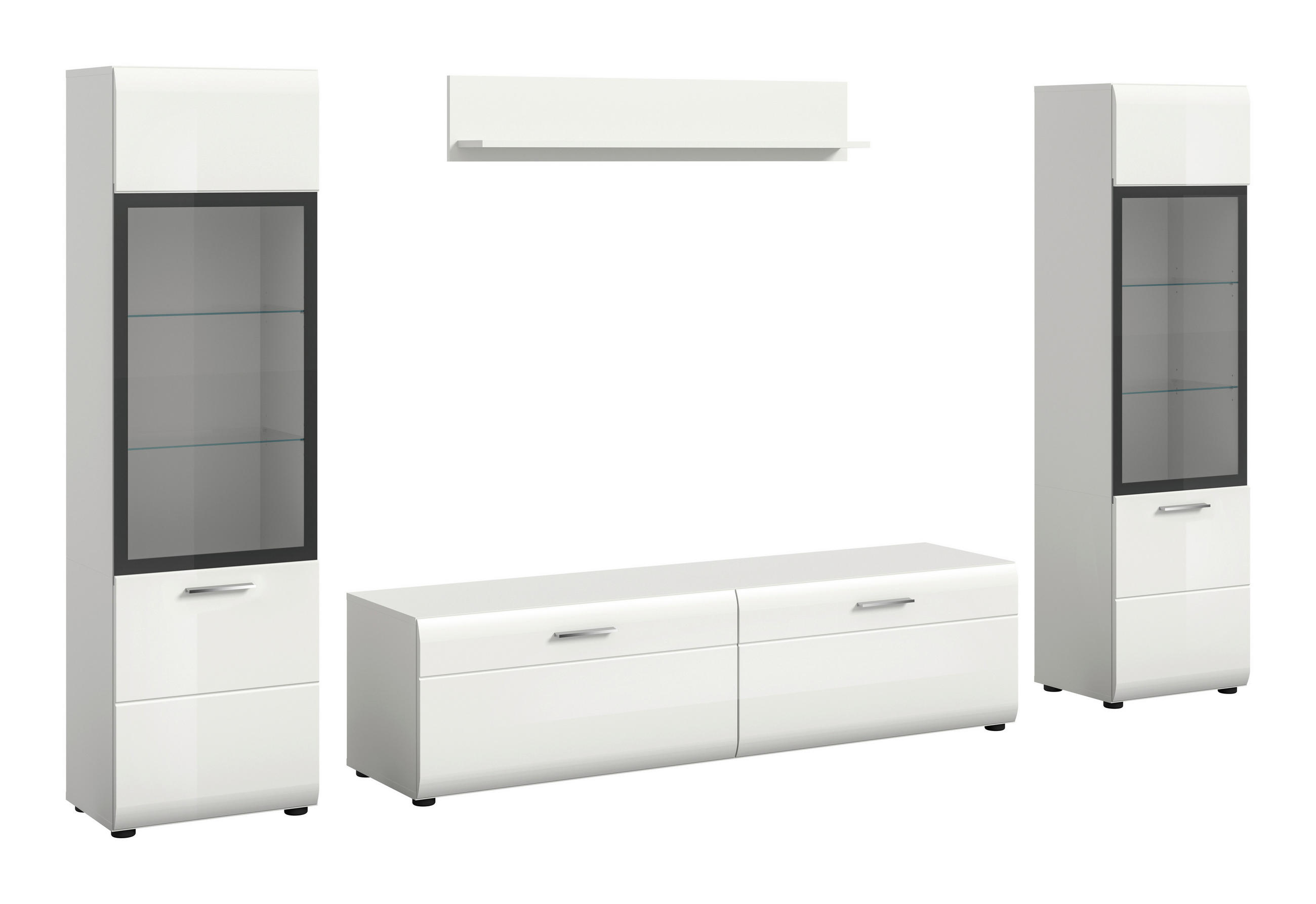 WOHNWAND 4-teilig  in Weiß, Weiß Hochglanz  280/160/41 cm  - Weiß Hochglanz/Silberfarben, Design, Glas/Holzwerkstoff (280/160/41cm) - Livetastic