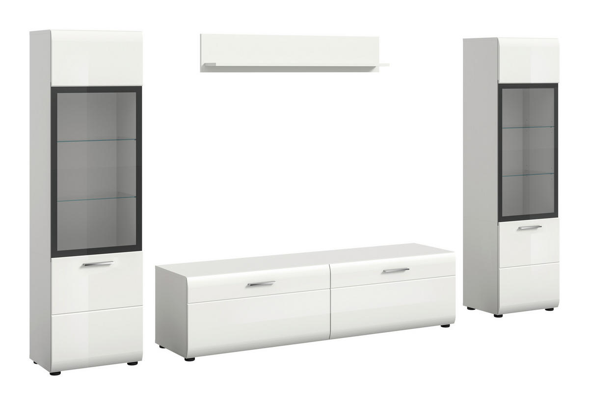 WOHNWAND 4-teilig  in Weiß, Weiß Hochglanz  280/160/41 cm  - Weiß Hochglanz/Silberfarben, Design, Glas/Holzwerkstoff (280/160/41cm) - Livetastic