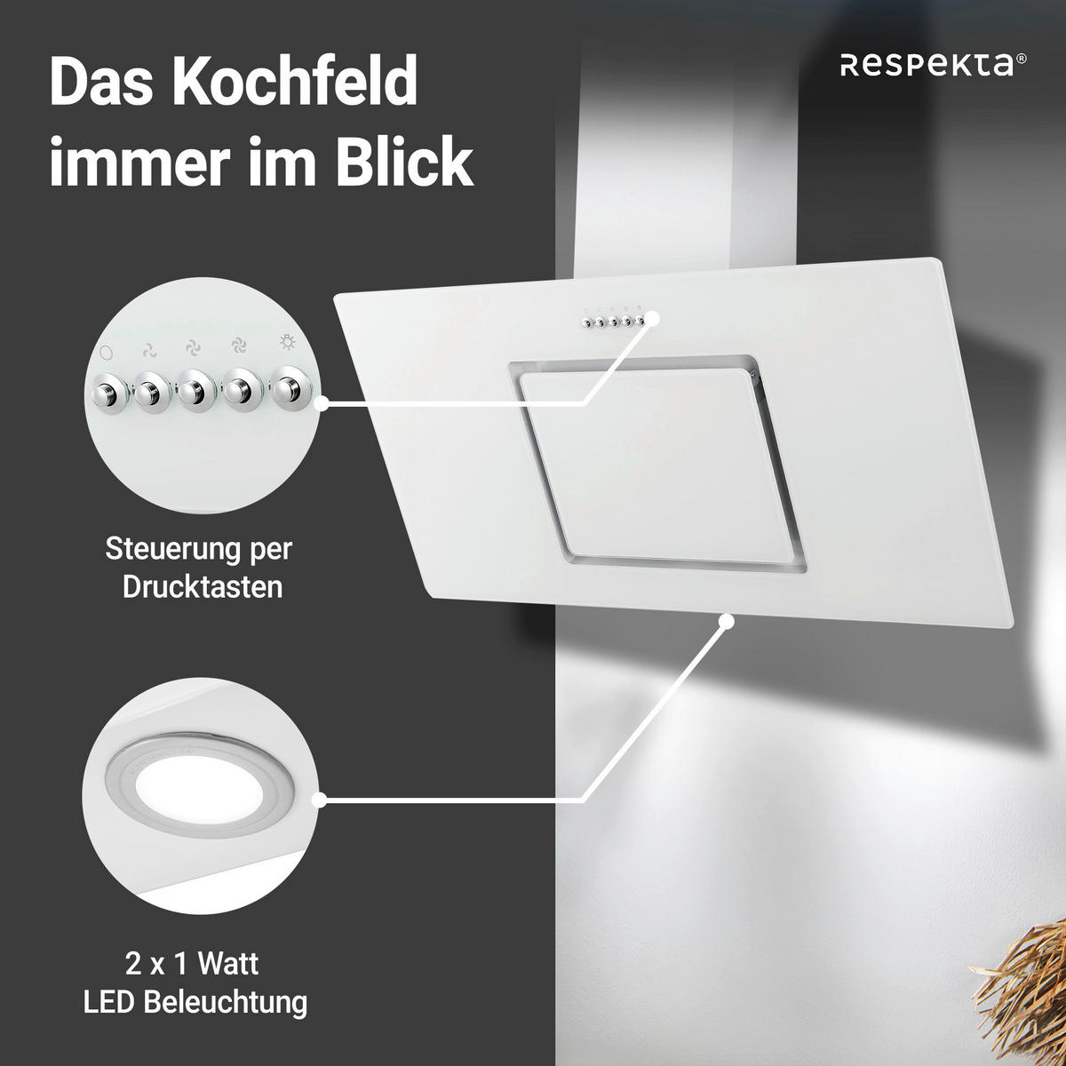 DUNSTABZUGSHAUBE CH22010/90WBZ  - Weiß, Trend, Glas/Metall (90/73,9-111,9/37cm) - Respekta