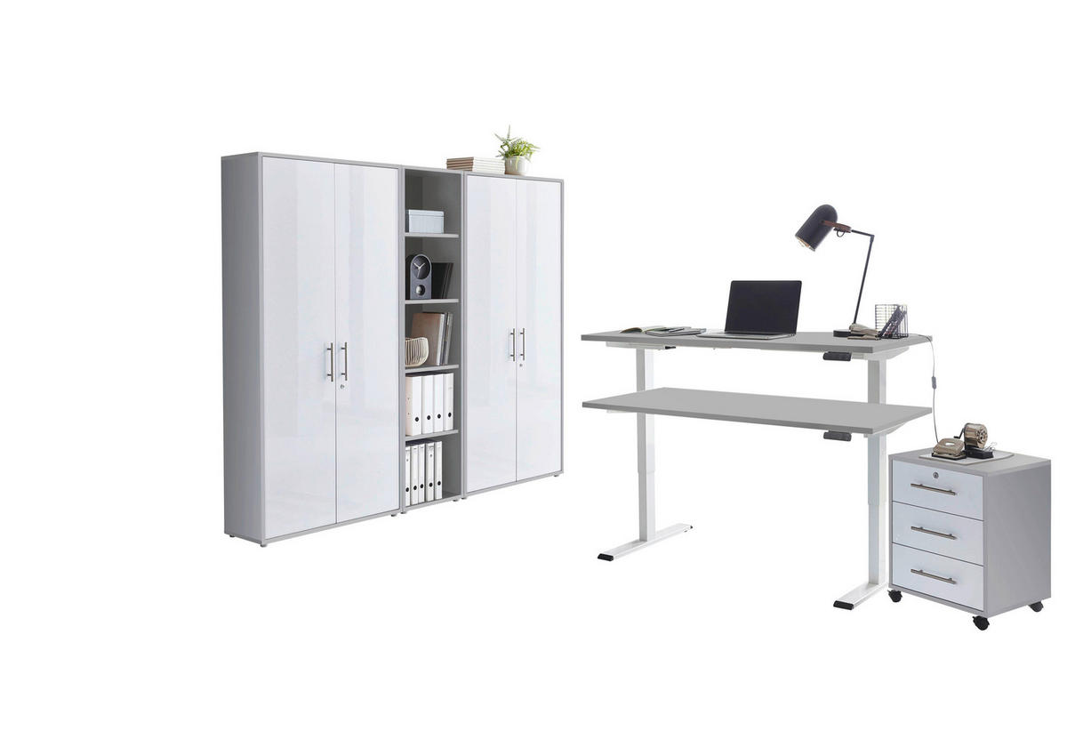 BÜRO erweiterbar, abschließbar Grau, Weiß Hochglanz - Weiß Hochglanz/Grau, MODERN, Holzwerkstoff/Metall - MID.YOU