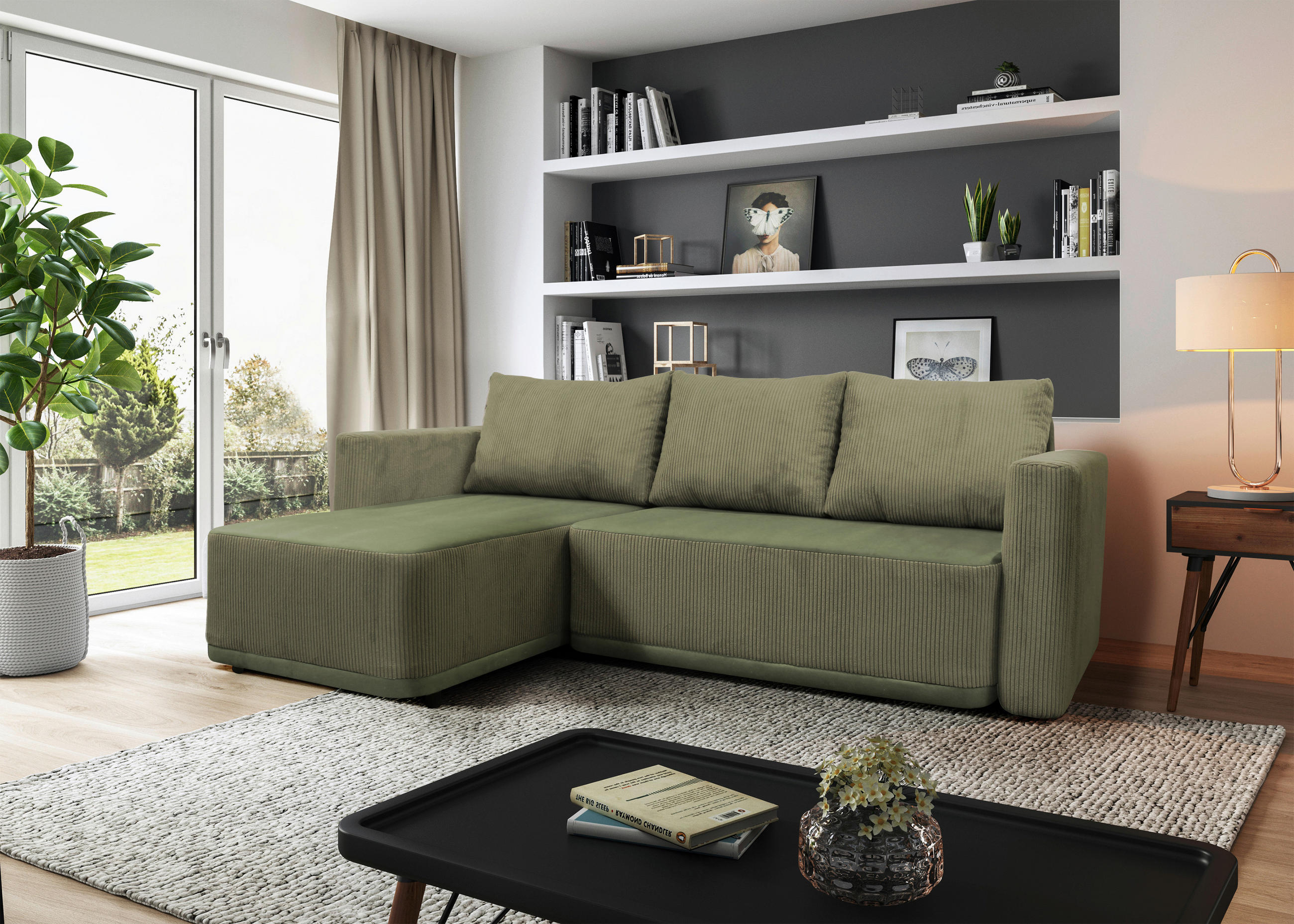 ECKSOFA STELLA Grün Plüsch Rückenkissen, Bettkasten  - Schwarz/Grün, Design, Kunststoff/Textil (166/234cm) - MID.YOU