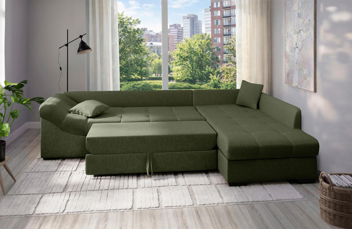 ECKSCHLAFSOFA  Alvito Grün Mikrofaser  - Schwarz/Grün, MODERN, Holz/Textil (298/202cm) - MID.YOU